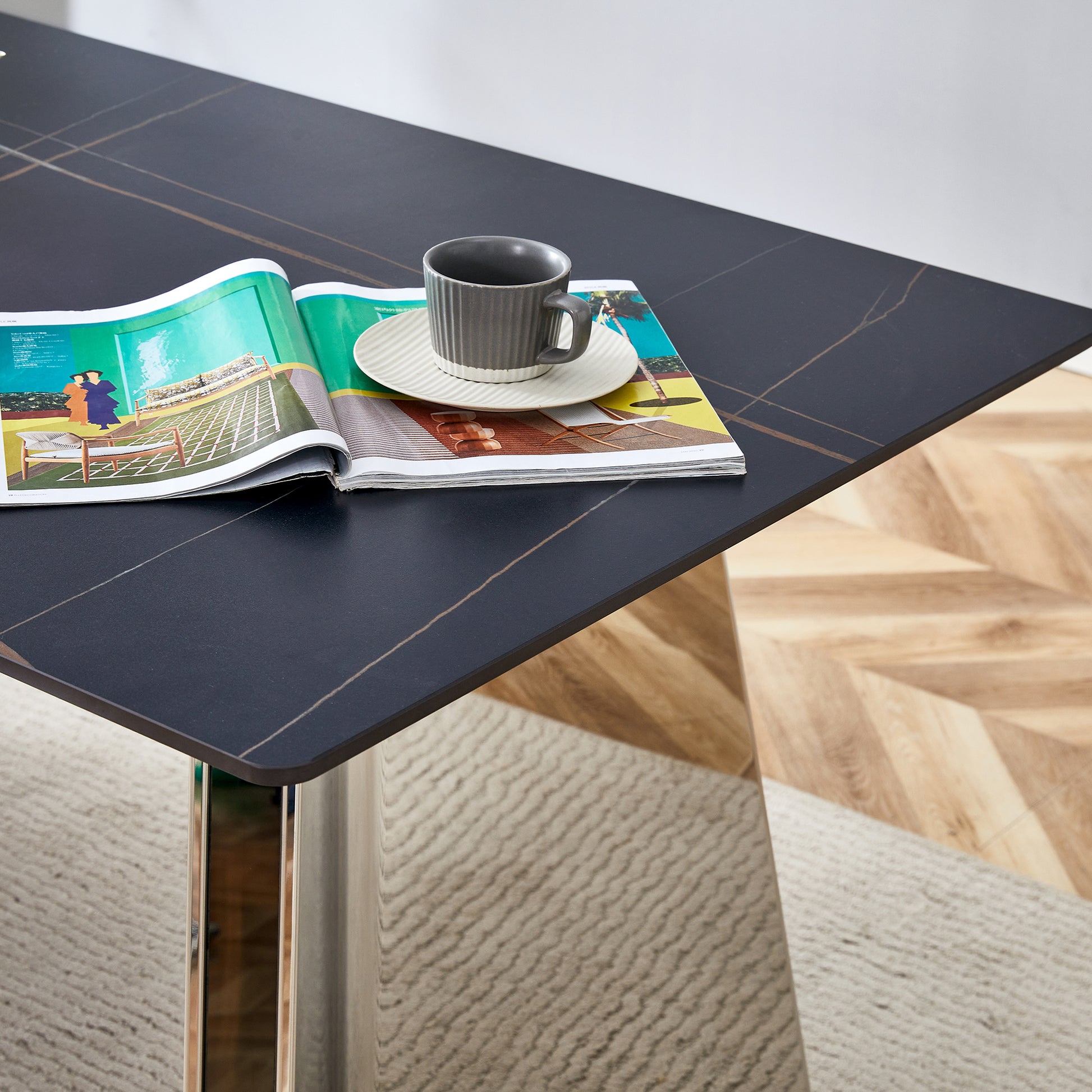 Table And Chair Set.63"X31.5X30" Black Marble Patterned Slabs Tabletop With Stainless Steel Butterfly Legs.Paired With 6 White Pu Dining Chairs With A Vertical Stripe Design On The Backrest. White