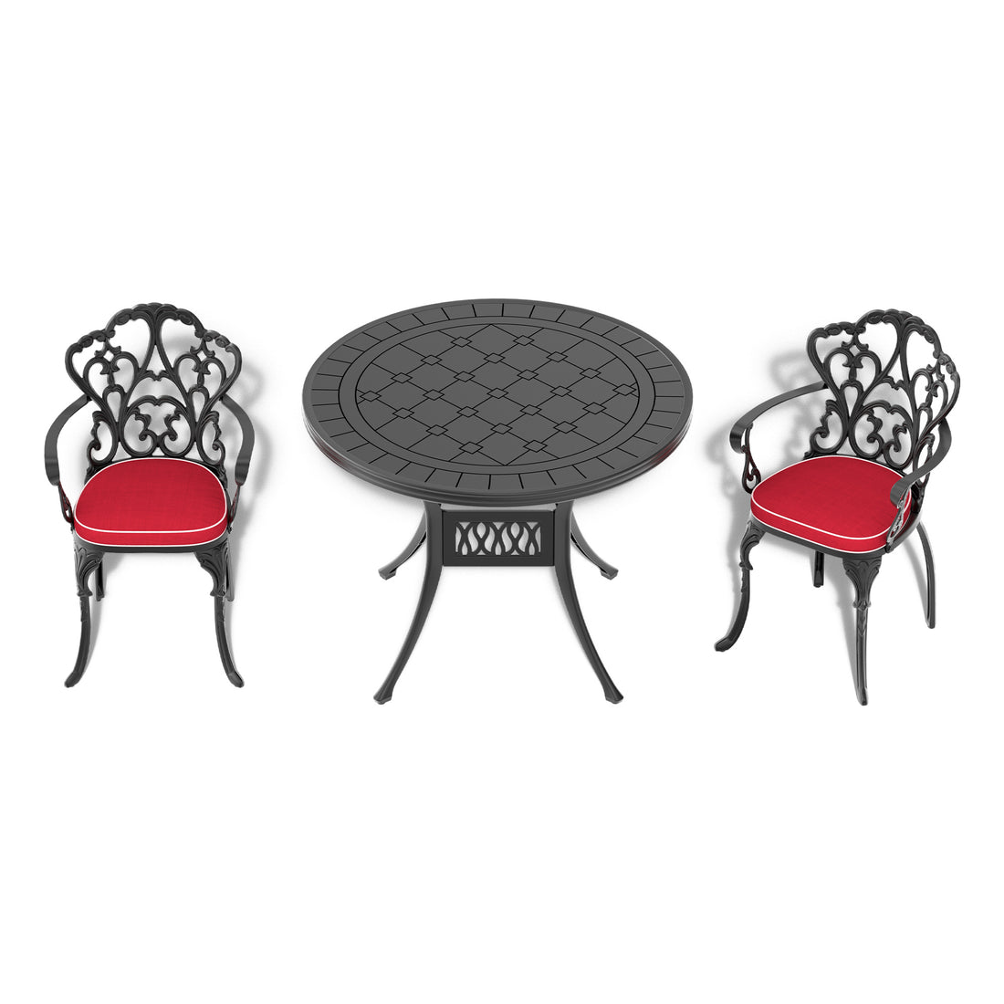 Cushions In Random Colors 3 Piece Set Of Cast Aluminum Patio Furniture With Cushions Yes Dining Set Black Seats 2 Rust Resistant Frame Water Resistant Cushion Garden & Outdoor Complete Patio Sets Aluminium