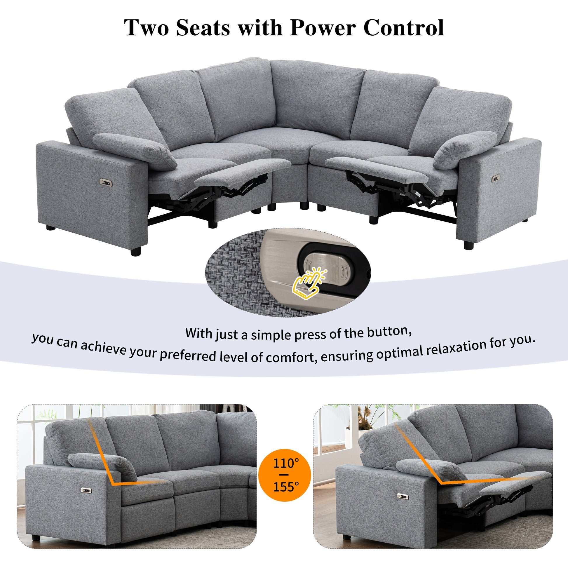 89" Power Recliner Sectional Sofa Home Theater Reclining Sofa With Two Usb Ports, Two Storage Drawers For Living Room, Gray Gray Foam Linen 5 Seat