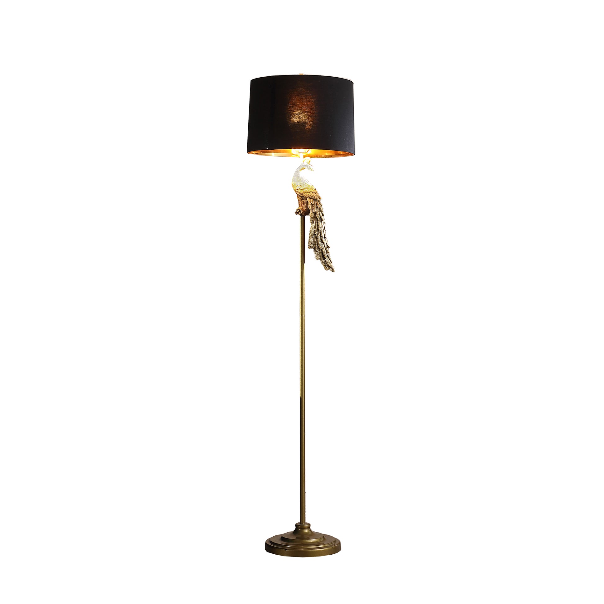 64.5" In Modern Elegance Golden Peacock On A Pedestal Polyresin Floor Lamp Golden Fabric Metal