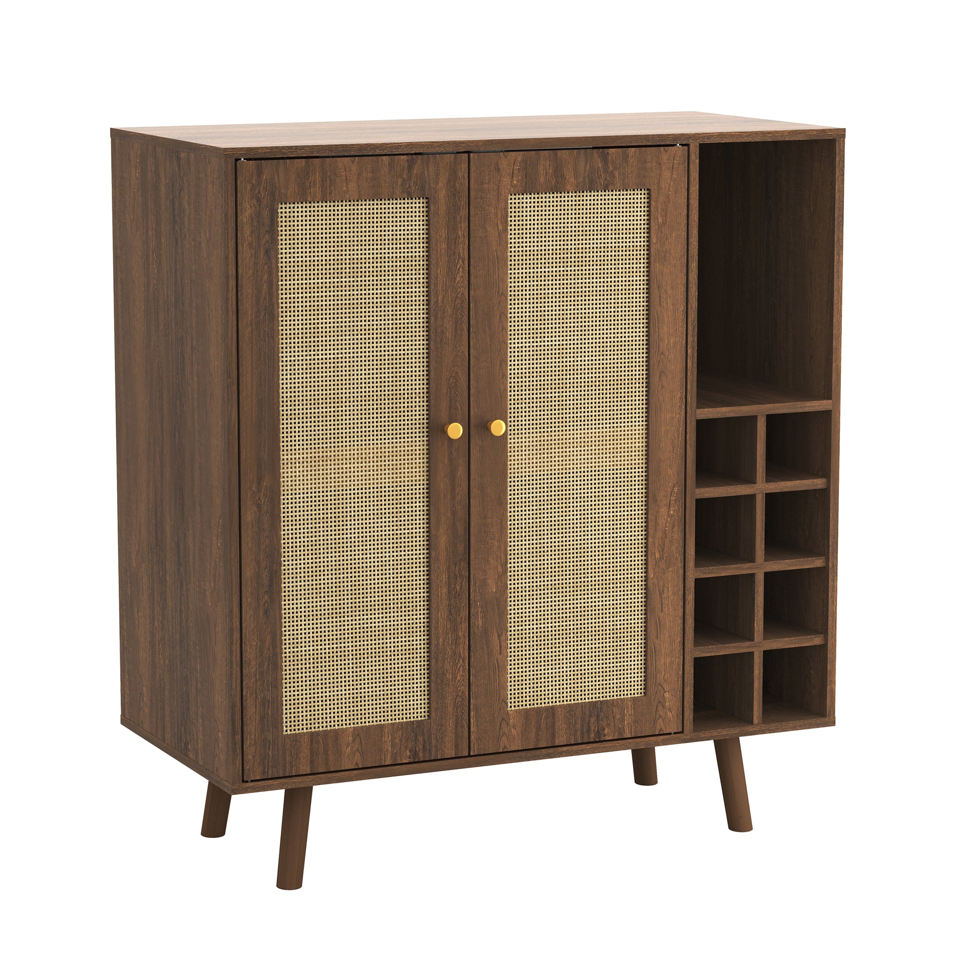 Bohemian Bar Cabinet, Natural Rattan Doors, Removable Wine Rack In Walnut Natural Walnut Boho Mdf