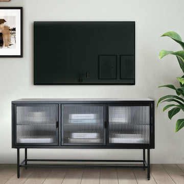 Retro Style Entertainment Center Tv Console Tv Stand With Enclosed Storage Display Cupboard Stylish Fluted Glass Tv Table With Wide Countertop Glass Doors Detachable Shelves Old Sku:W68751720 Black Steel