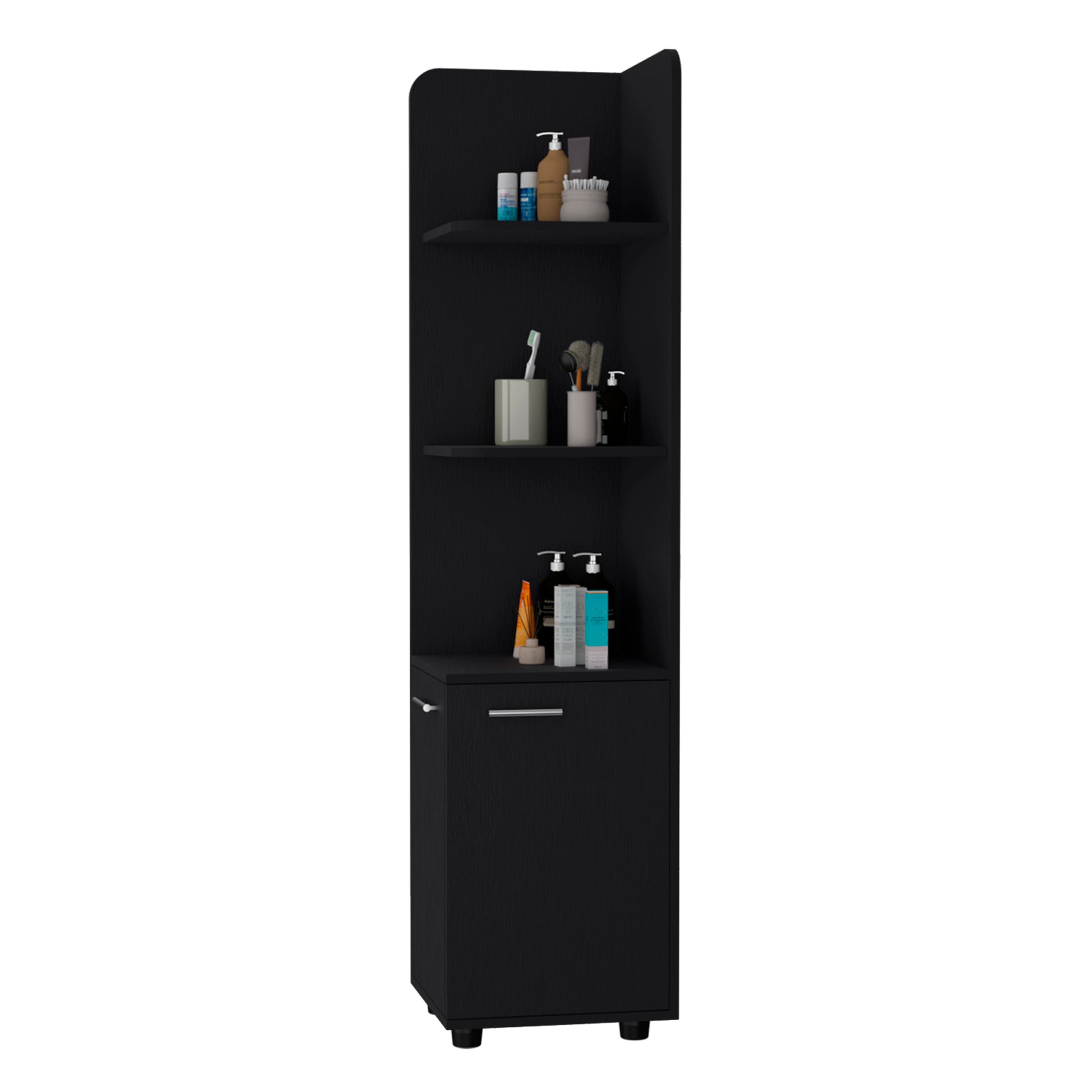 Sunriver Corner Shelf With Cabinet, 3 Tier Shelf, Metal Handles Black 2 60 In & Above Bathroom Freestanding 10 15 Inches Particle Board Melamine