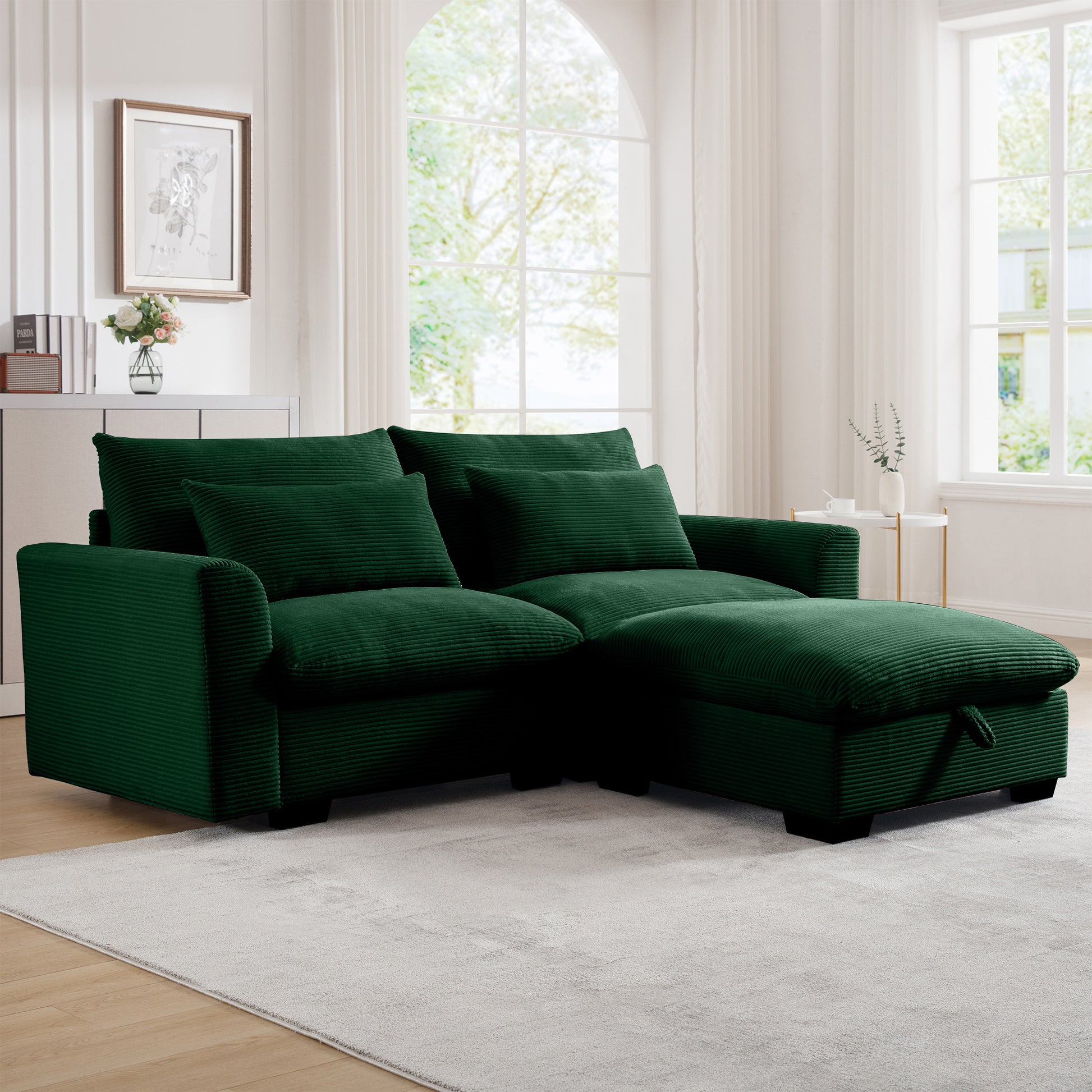 Sectional Sofa Comfy Corduroy Couch For Living Room With Pillows And Round Armrests, Modern Corduroy Sofa Sleeper Deep Couches With Storage Ottoman Green, 2 Seat Green Corduroy 2 Seat