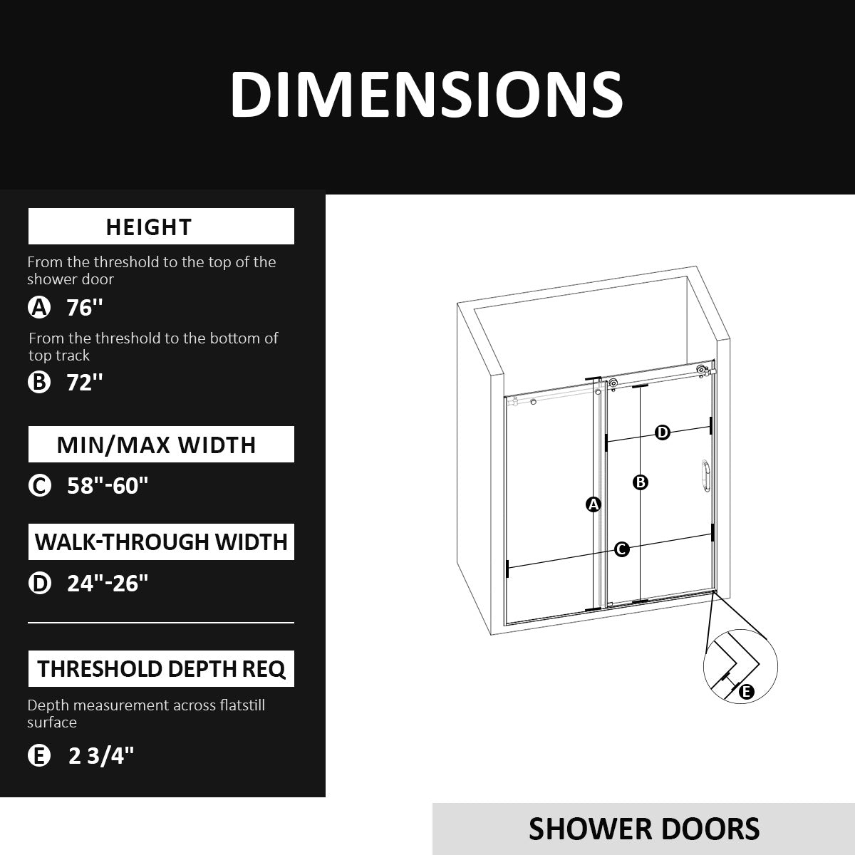 Frameless Sliding Shower Door 58 60 In. W X 76 In. H, Bathroom Sliding Door With 5 16" Clear Tempered Glass, Matte Black Finish, Designed For Smooth Door Closing Matte Black Stainless Steel