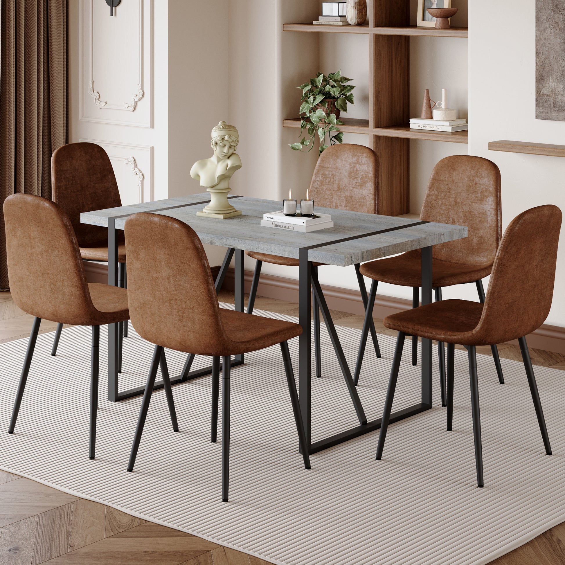 Table And Chair Set. A Minimalist Retro Rectangular Dining Table With A Specially Textured Top And Black Metal Legs, Paired With 6 Soft Chairs And Black Metal Legs, Showcases A Beautiful Home Style.