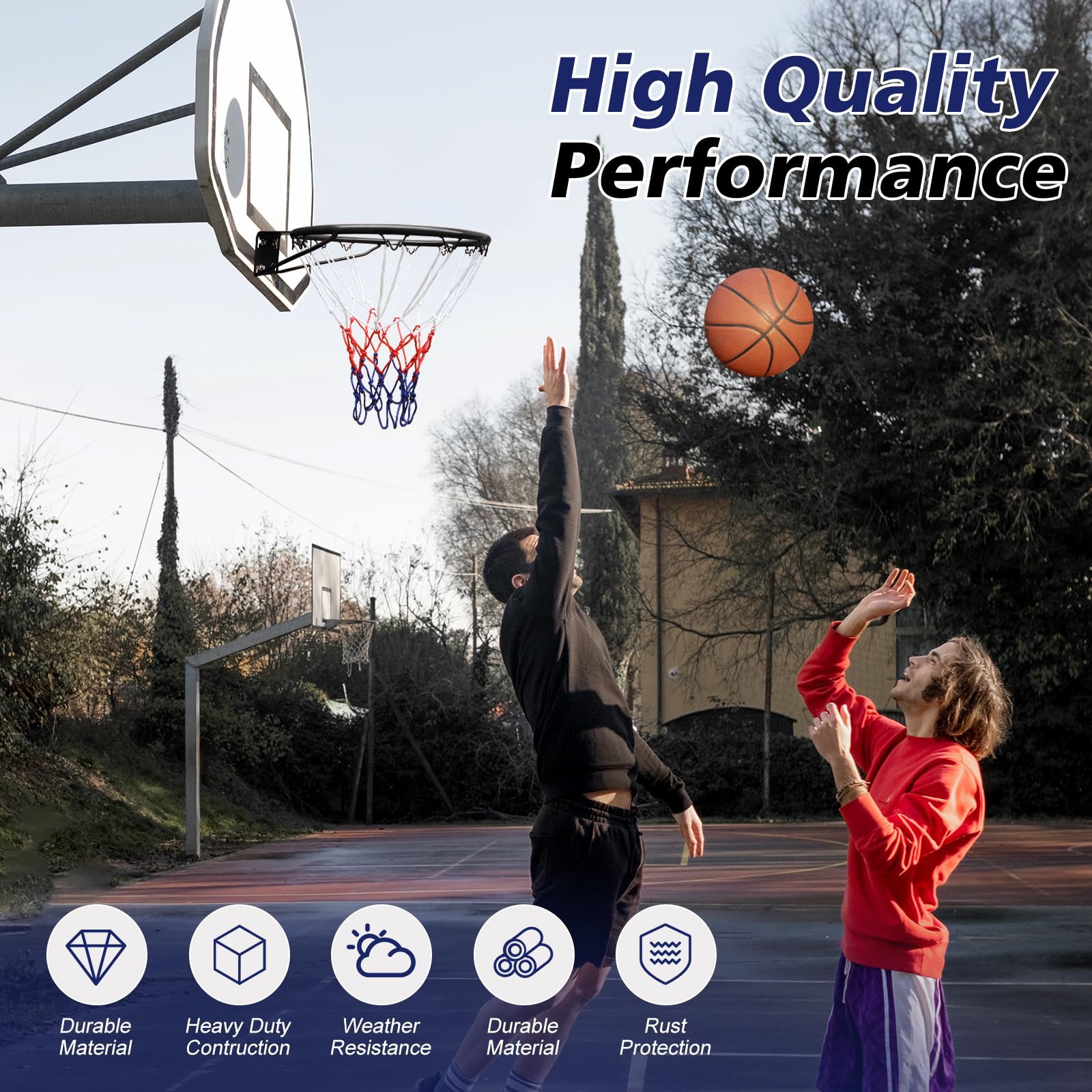 Basketball Rim Replacement Standard 18" Steel Rim Wall Mounted Basketball Goal Hoop With Net For Indoor Outdoor Black Balls Sports Black Iron