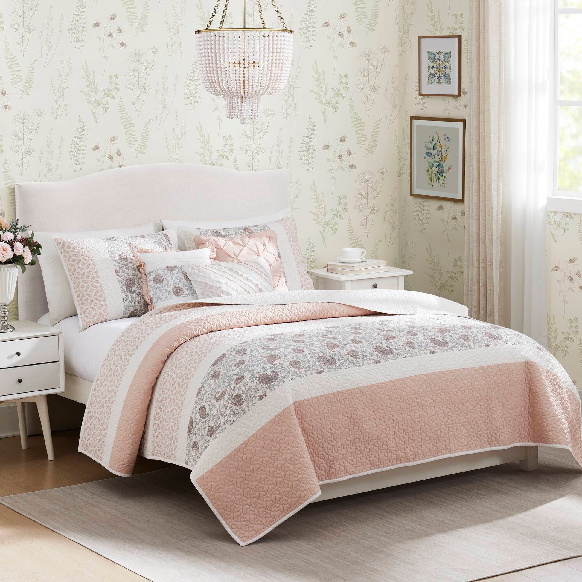 6 Piece Cotton Percale Quilt Set With Throw Pillows Blush King Cal King King Blush Polyester