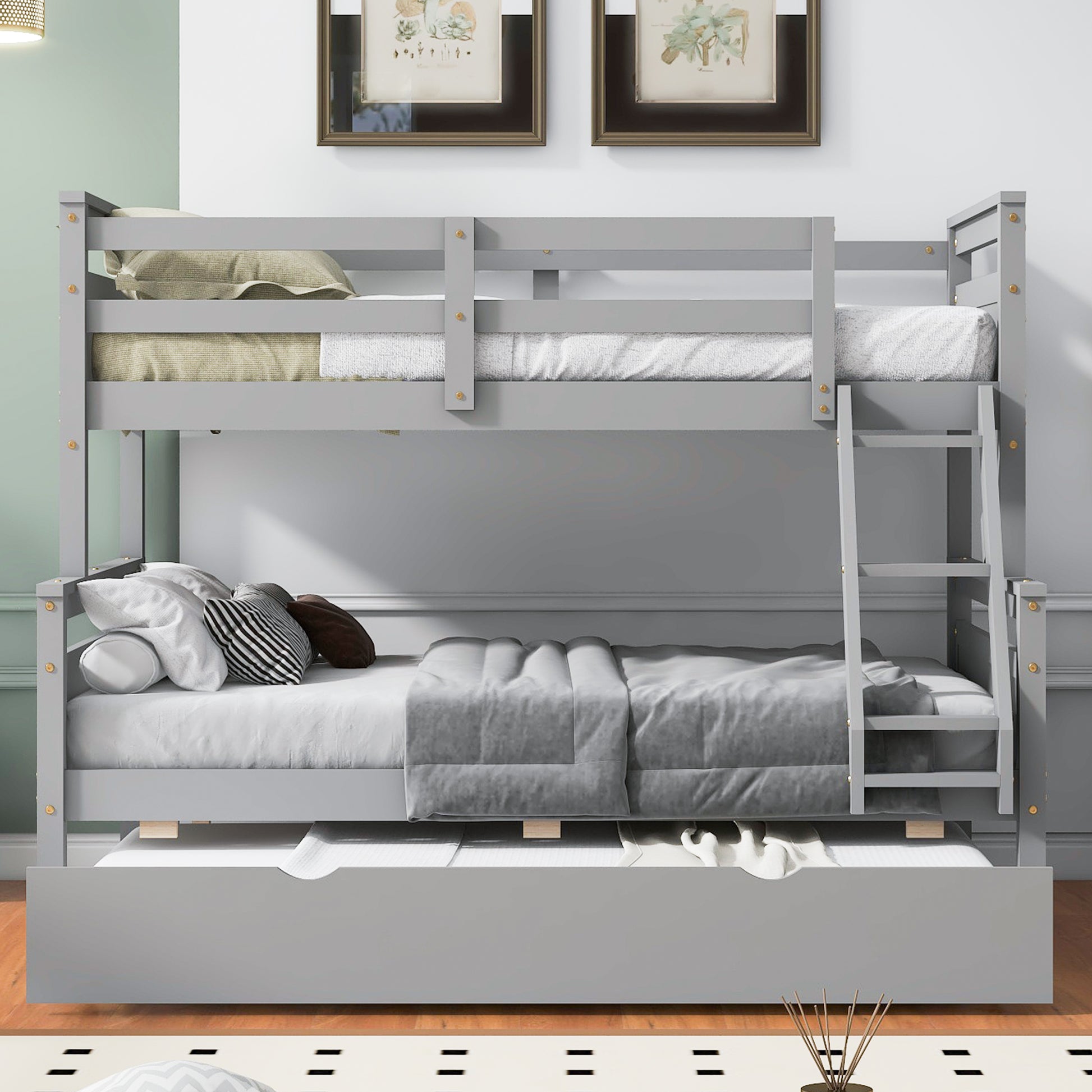 Twin Over Full Bunk Bed With Ladder, Twin Size Trundle, Safety Guardrail, Gray Box Spring Not Required Twin Gray Wood Bedroom Bunk Pine