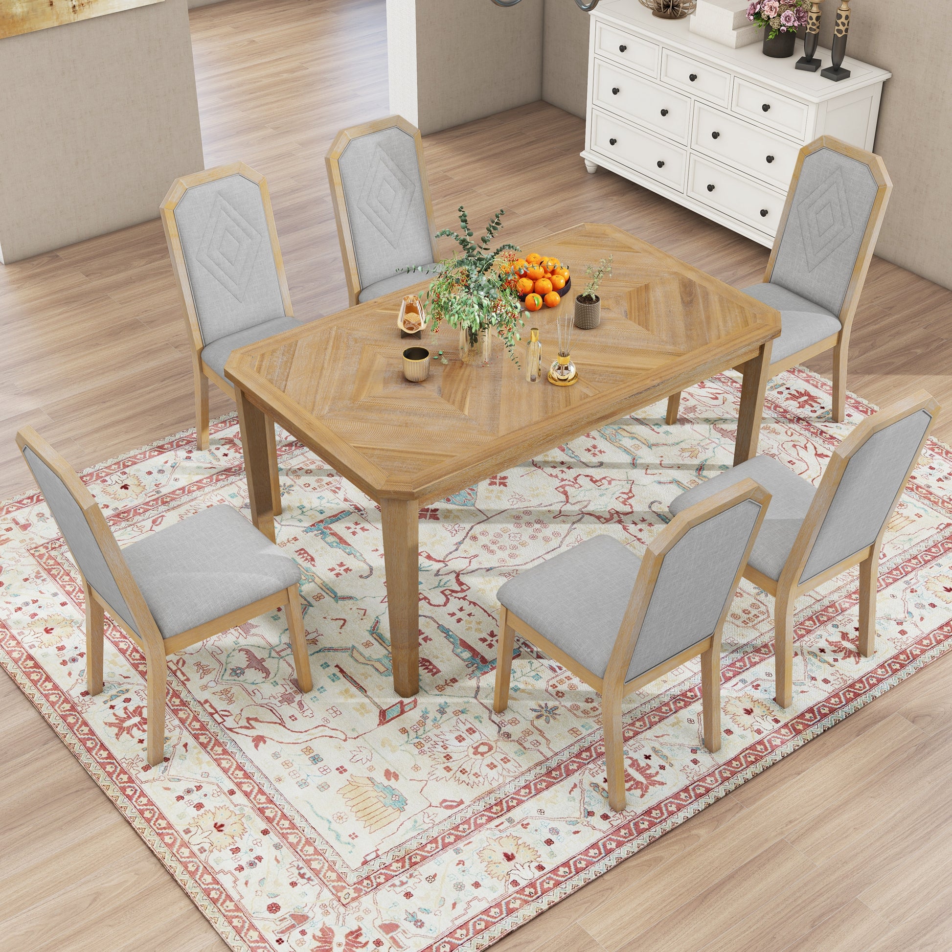 7 Piece Farmhouse Dining Set Classic Rustic Table And 6 High Back Design Chairs For Dining Room, Kitchen Natural Wood Wash Natural Wood Wash Solid Wood Mdf