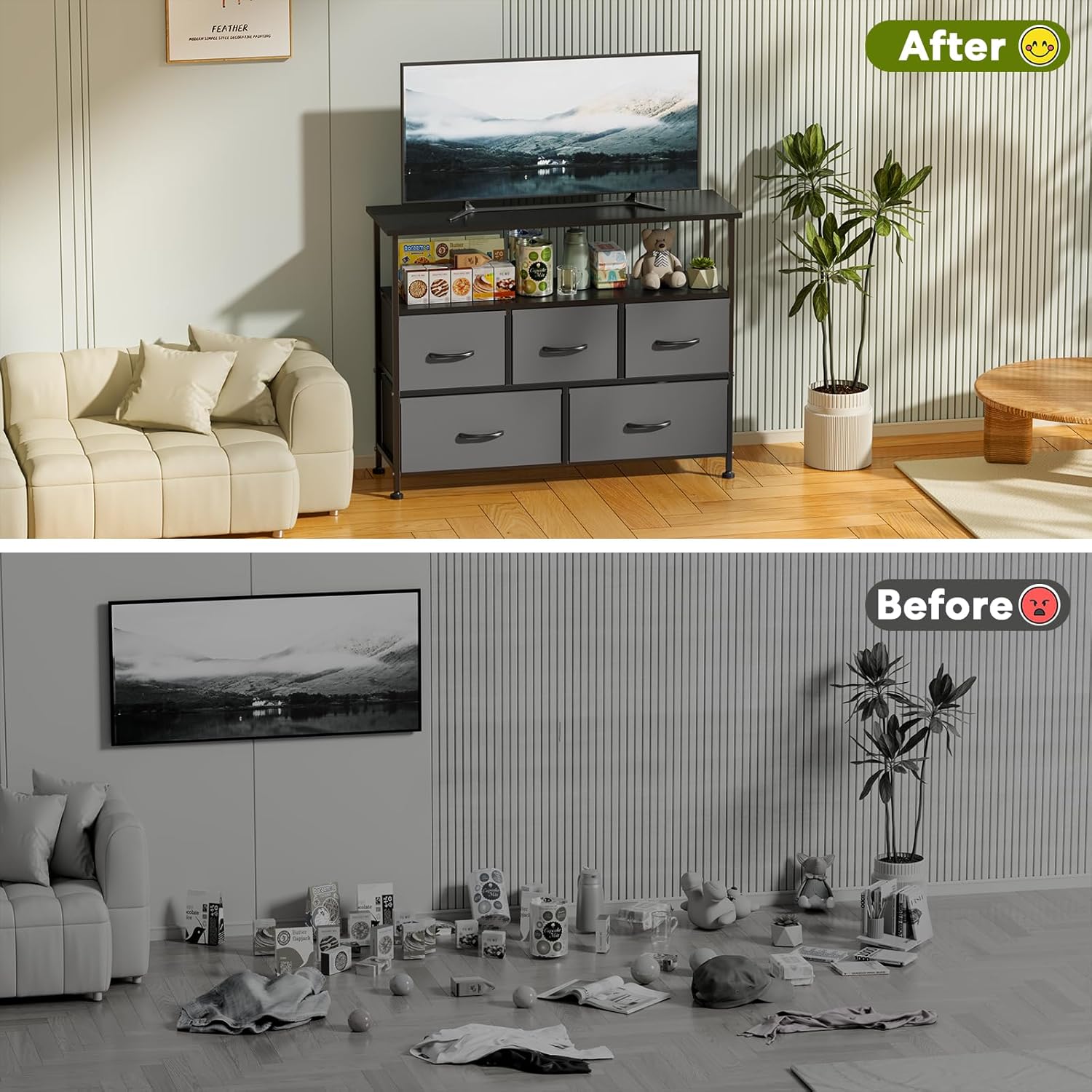 Tv Stand Dresser For Bedroom Entertainment Center With 5 Fabric Drawers, Storage Organizers Units For Living Room, Media Console Table With Open Shelf Up For 45" Tv, Gray, Wood Top Gray Wood