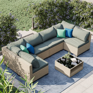 7 Piece Patio Furniture Set, All Weather Boho Outdoor Conversation Set Sectional Sofa With Water Resistant Grey Thick Cushions Beige Grey Metal