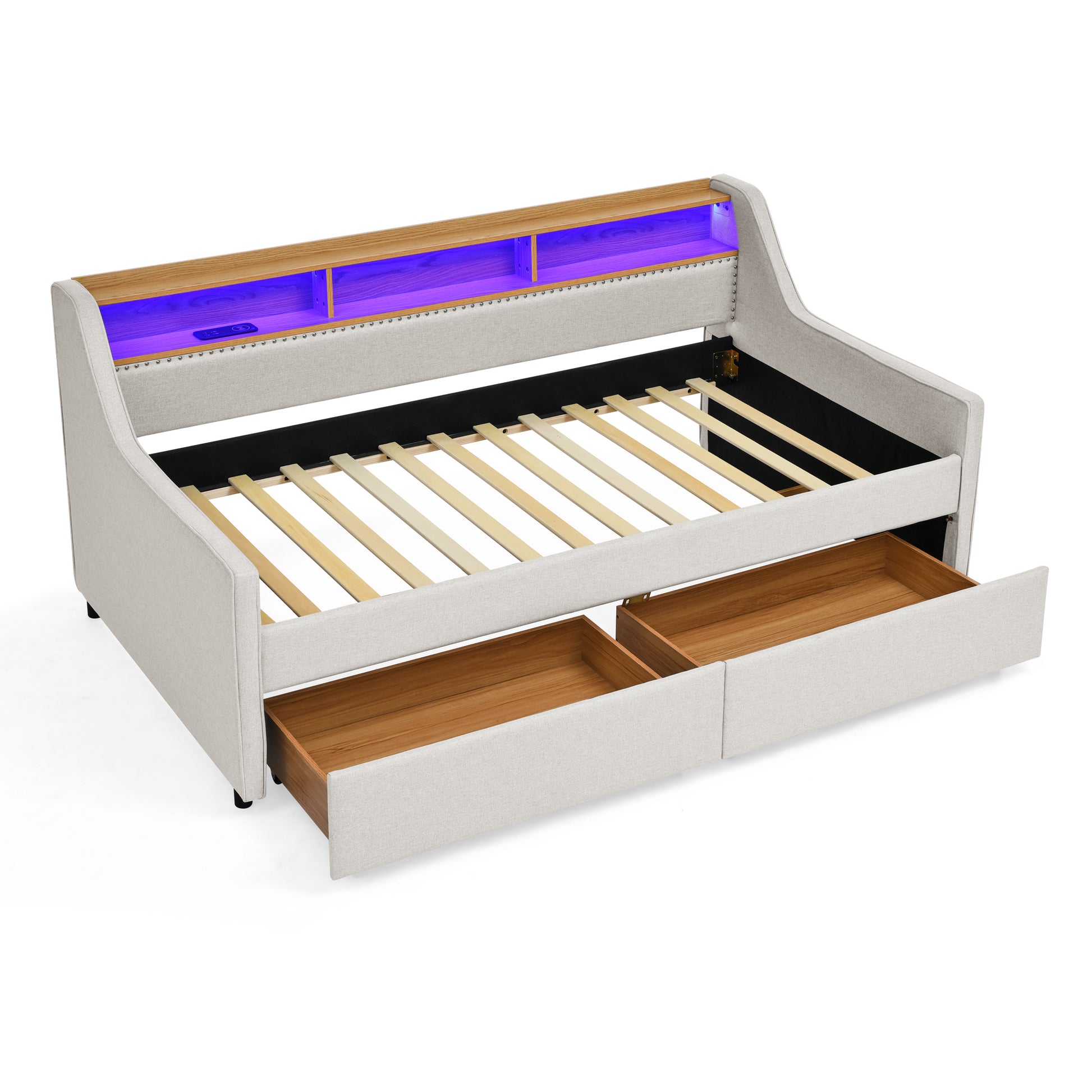 Twin Size Upholstery Sofa Bed With Three Led Lights, With Storage Adjustable Headboard, With Two Storage Pull Up Drawers And Wireless Charging, Linen Padded Sofa Bed Frame, Beige Box Spring Not Required Twin Beige Composite Bedroom Classic Eucalyptus