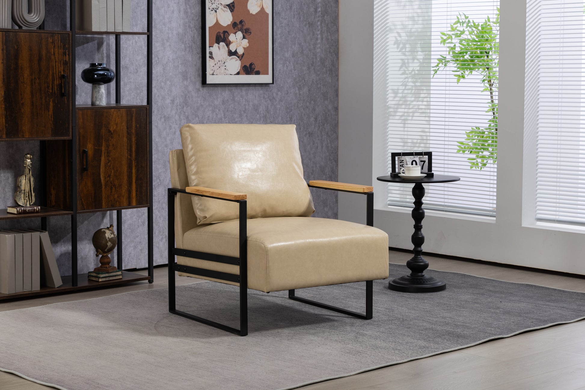 Leather Accent Chair Guest Chair For Living Room, Mid Century Armchair For Bedroom Khaki Pu
