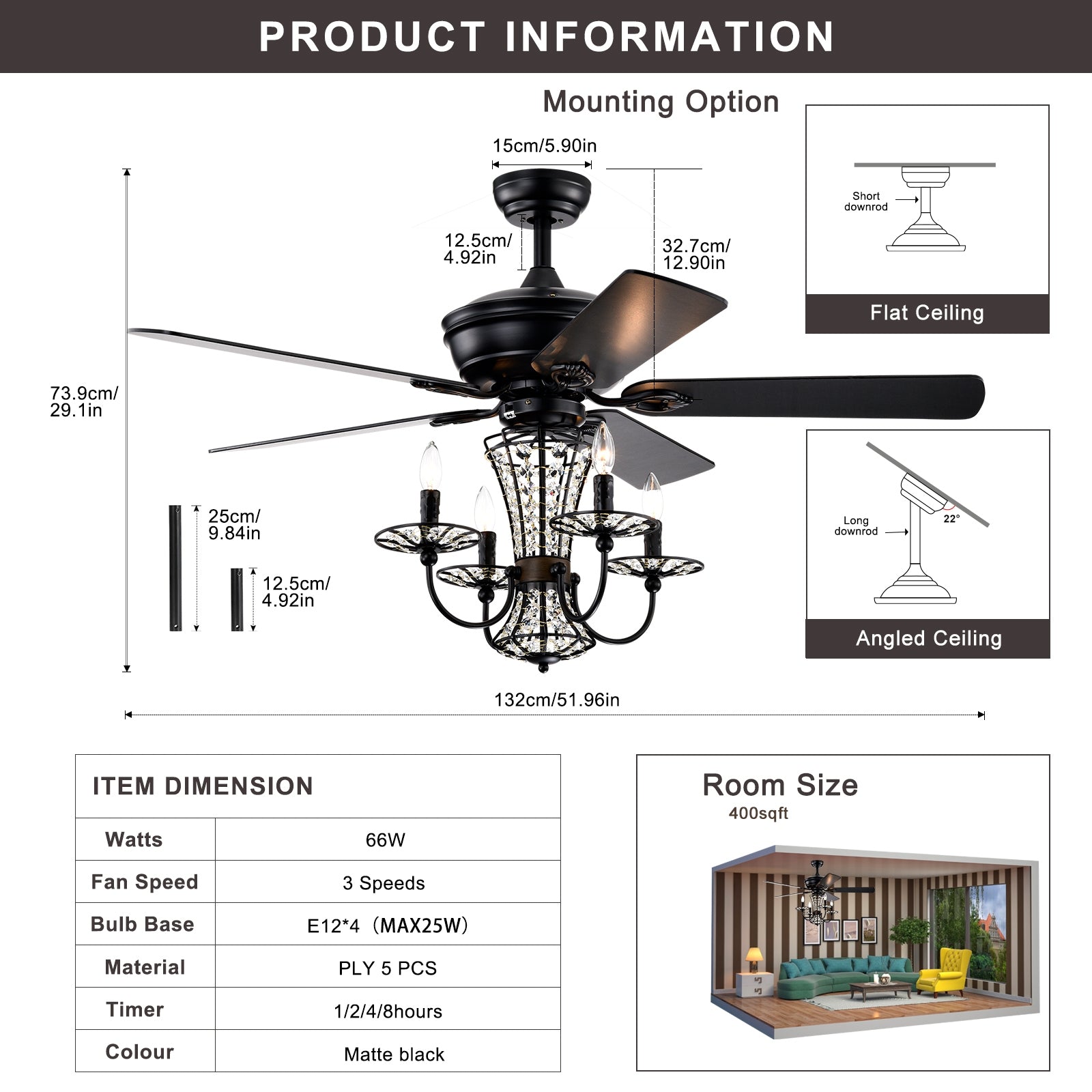 52 Inch Crystal Chandelier Fan With Lights And Remote Control, Modern Ceiling Fan With Dual Finish Reversible Blades, Fandelier For Living Room, Dining Room, Bedroom, Family Room, Matte Black Matte Black American Traditional,Antique,Classic,Contemporary