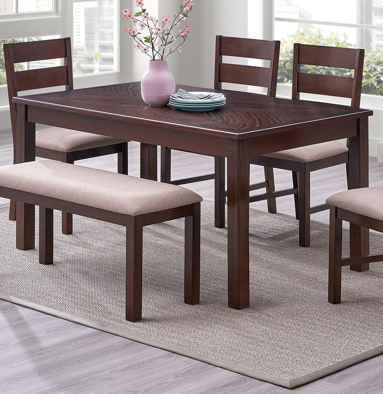 Contemporary Antique Cherry 6Pc Dining Set Table And 4X Side Chairs 1X Bench Melamine Table Top Fabric Cushion Seats Chairs Solid Wood Dining Room Furniture Dining Room Solid Wood Rubberwood Rectangular Dining Table With Chair And Bench Upholstered Chair