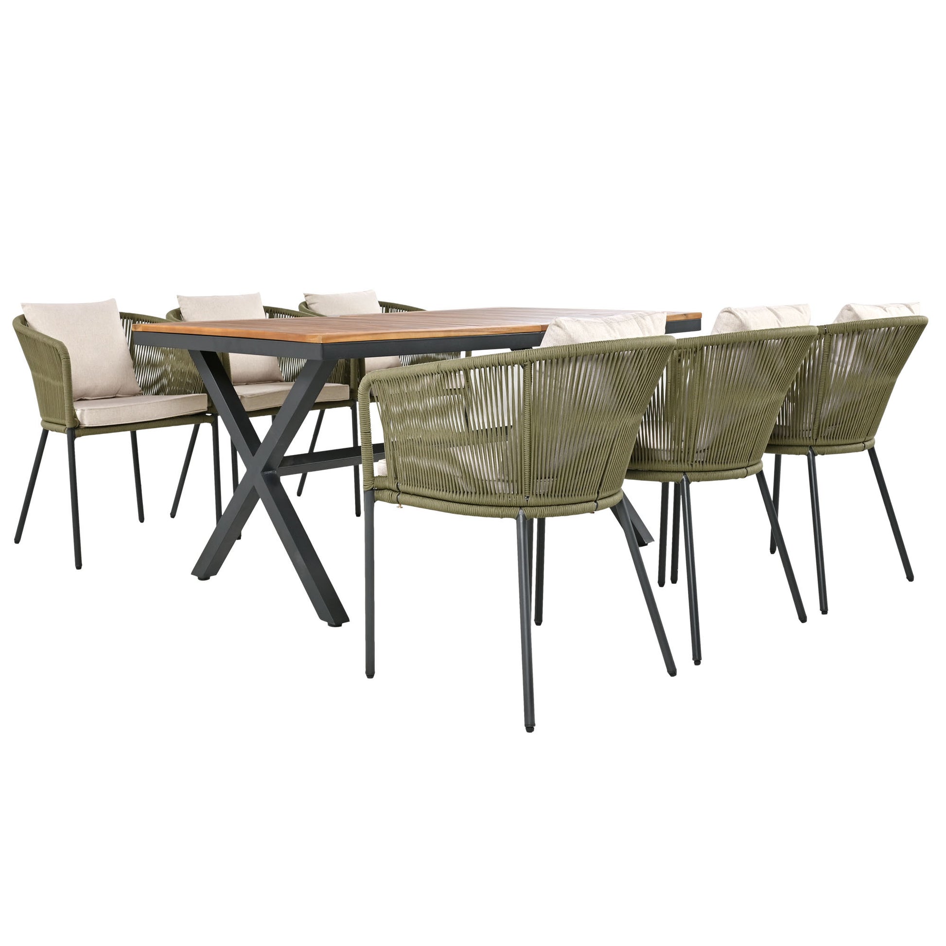7 Pieces Patio Dining Set, All Weather Outdoor Furniture Set With Dining Table And Chairs, Acacia Wood Tabletop, Metal Frame, For For Garden, Backyard, Balcony, Green Yes Green Seats 6 Garden & Outdoor Complete Patio Sets Wood Wood Rope