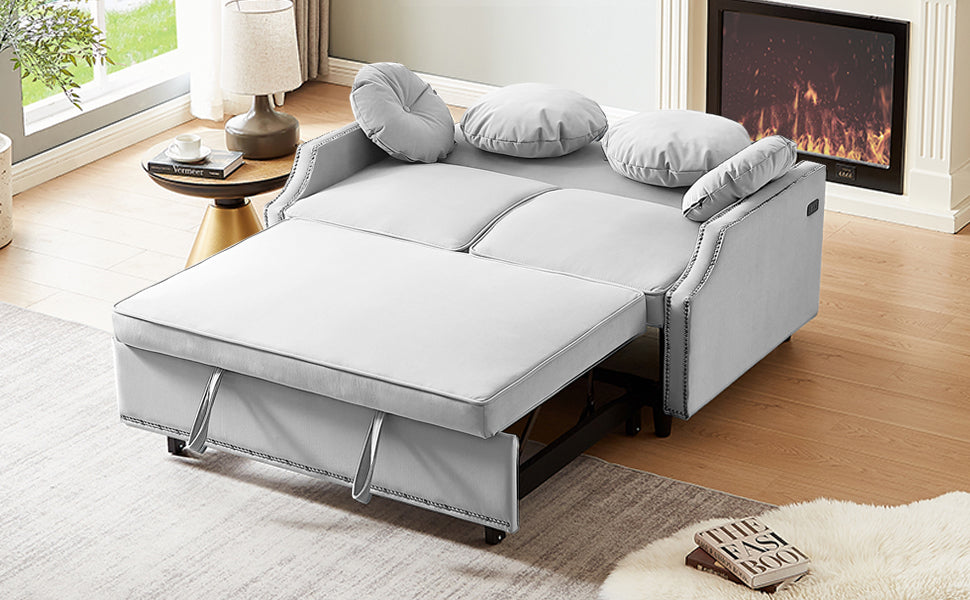 54.7" Multiple Adjustable Positions Sofa Bed Stylish Sofa Bed With A Button Tufted Backrest, Two Usb Ports And Four Floral Lumbar Pillows For Living Room, Bedroom,Or Small Space, Light Grey Light Grey Foam Polyester 2 Seat