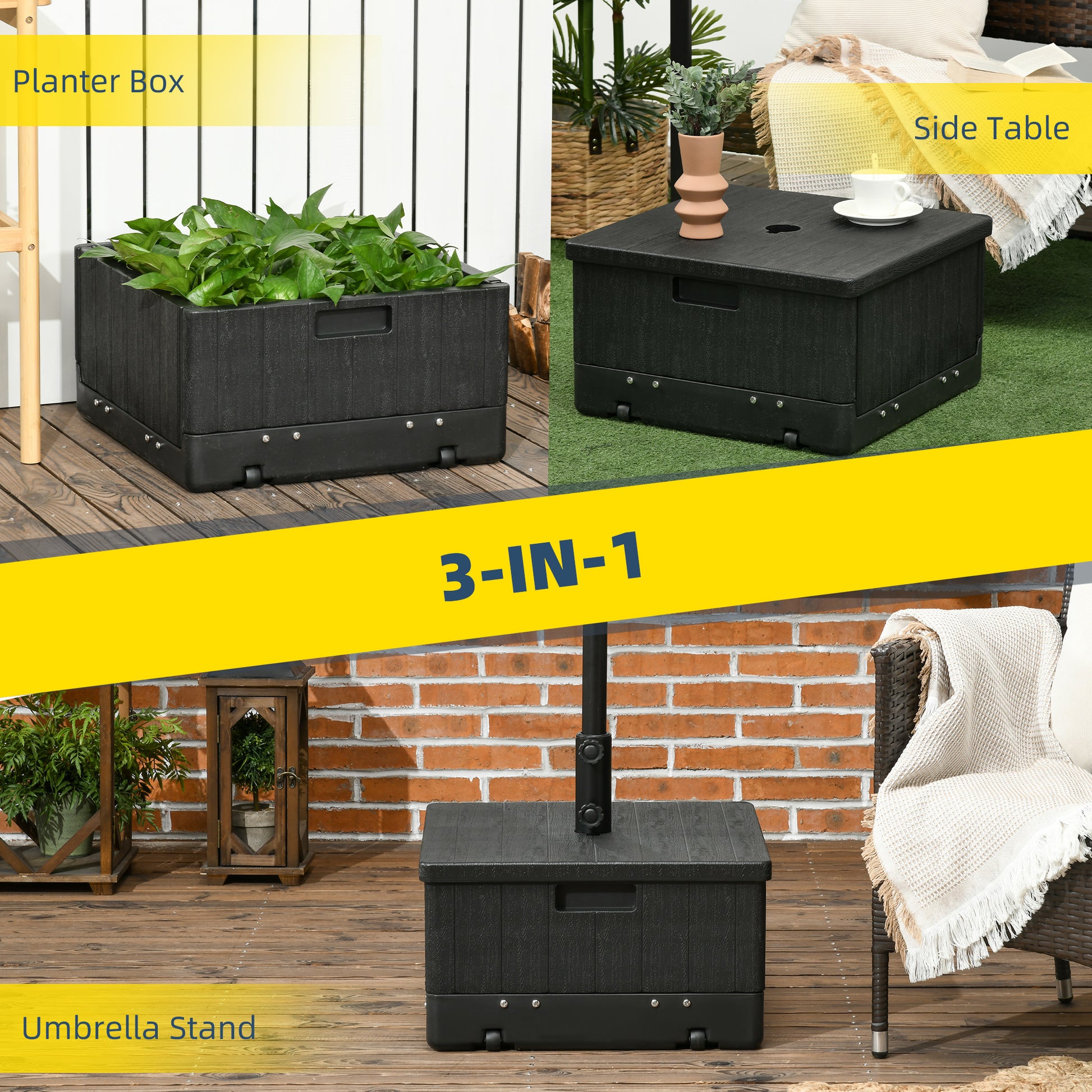 3 patio umbrella pole Outsunny 3 In 1 Outdoor Umbrella Base, Coffee End Table, Flower Box Planter, 175Lbs Capacity Patio Umbrella Stand Table With Wheels And Handles, Black