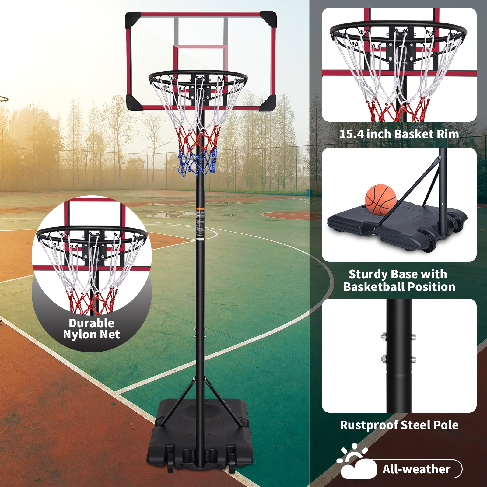 Portable Basketball Goal System With Stable Base And Wheels, Use For Indoor Outdoor Teenagers Youth Height Adjustable 5.6 To 7Ft Basketball Hoop 28 Inch Backboard Red Sporty Iron