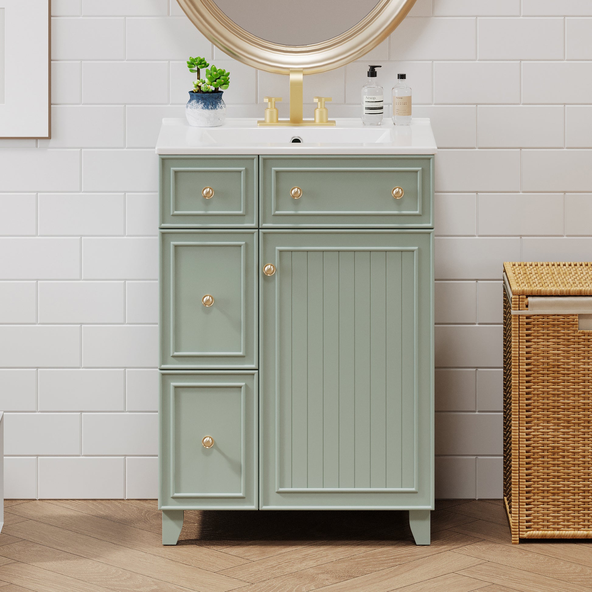 24 Inch Bathroom Vanity Cabinet With Ceramic Sink, 2 Drawers, 1 Door Green Bathroom Solid Wood Mdf