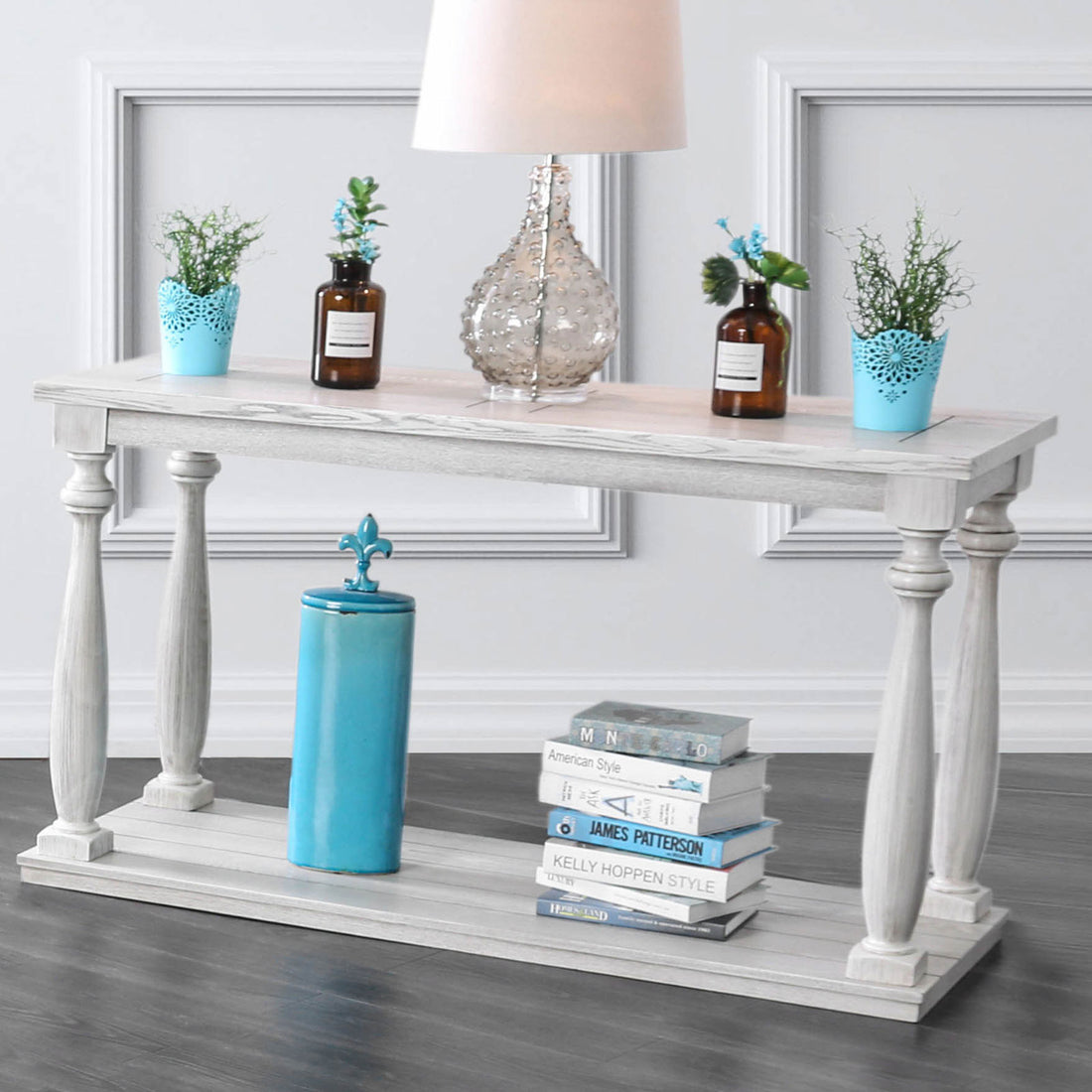 Rustic Style Antique White 1Pc Sofa Table Open Bottom Shelf Plank Style Table Top Living Room Furniture Antique White Primary Living Space Classic,Contemporary,Modern,Rustic,Transitional Open Storage Rectangular Console Tables Solid Wood