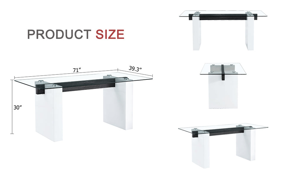 Table And Chair Set. Large Modern Rectangular Table With Glass Top And Large Mdf Legs. Comes With 6 Chairs With Faux Leather Upholstered Seats And Silver Metal Legs. White Seats 6 Mdf Glass