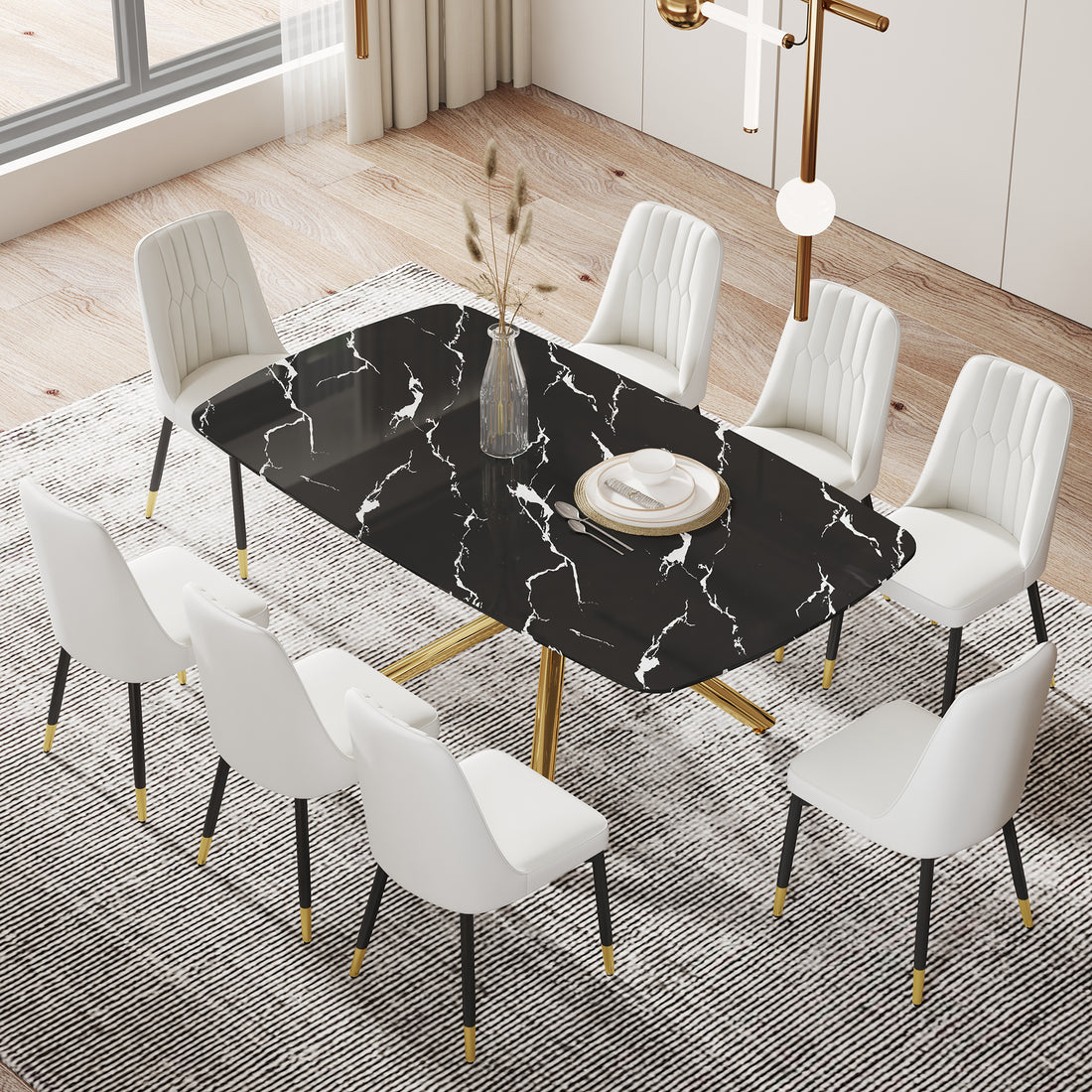 Large Modern Minimalist Rectangular Dining Table With 0.39 "Imitation Marble Black Tabletop And Golden Metal Legs, Paired With Chairs With Pu Cushions And Black Metal Legs. F 1537 C 007 Black Gold Glass Metal