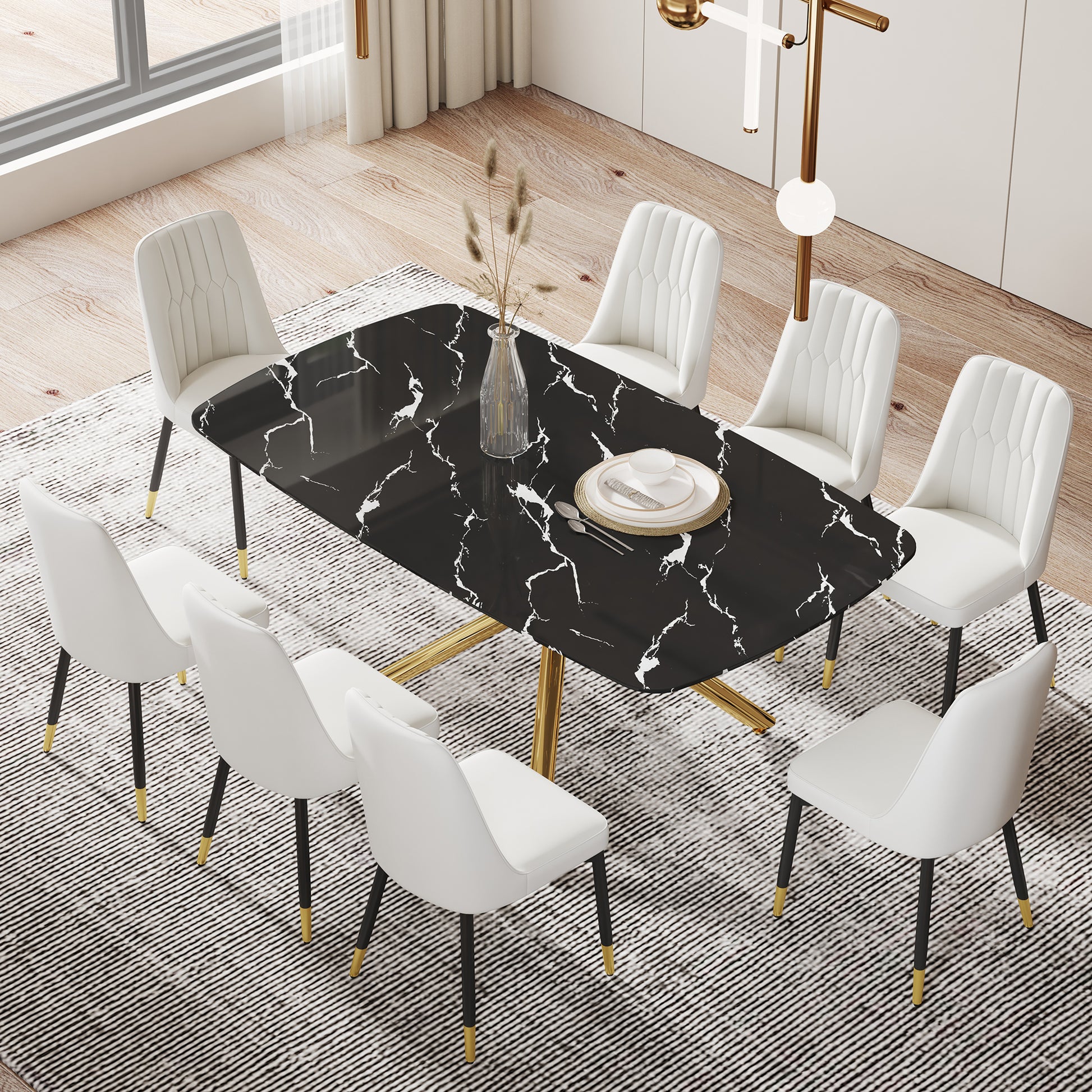 Large modern minimalist rectangular dining table with black+gold-glass+metal