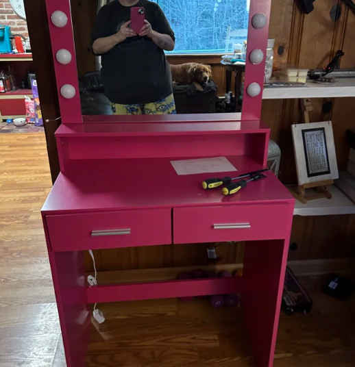 Vanity Desk With Mirror And Lights, Dressing Table With Large Drawer, 2 Level Storage Dresser & 3 Lighting Modes Adjustable Brightness, Suitable For Bedroom Rose Pink Rose Pink Particle Board