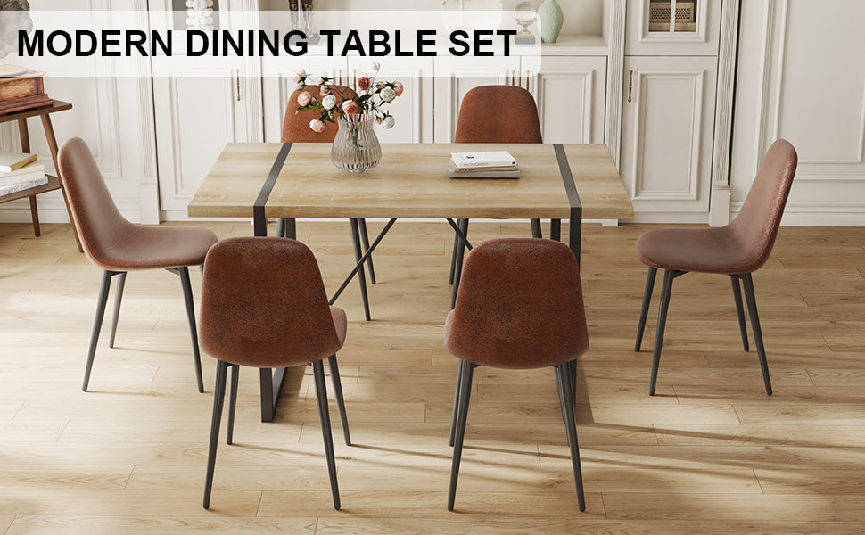 Table And Chair Set, Upholstered Side Chairs In A Modern Medieval Style, 6 Dark Gray Dining Chairs And A Rustic Industrial Rectangular Wood Color Mdf Dining Table. Brown Seats 6 Mdf