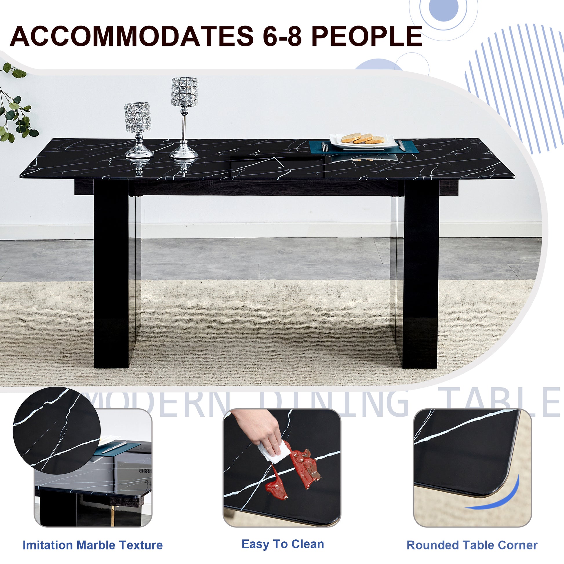 Large Modern Rectangular Table With 0.39 "Black Patterned Top And Large Mdf Legs, Suitable For Kitchen, Dining And Living Room 71" * 35.4 "* 30" 1546 Black Mdf Glass