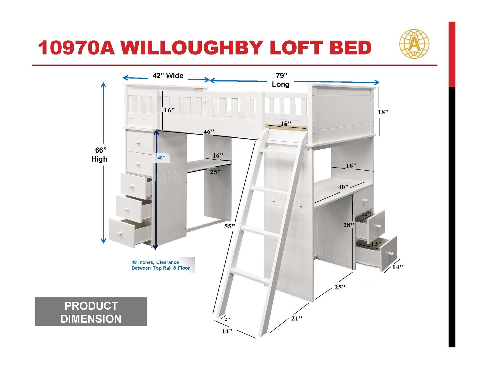 Willoughby Twin Loft Bed, White 10970W White Wood