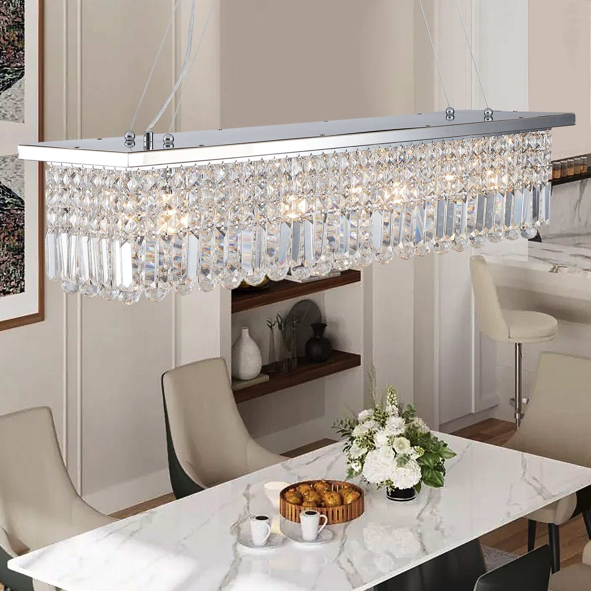 Modern Crystal Chandelier For Dining Room 8 Light White Rectangle Raindrop Chandelier Contemporary Rectangular Pendant Light Fixture For Kitchen Island Bar L39.4'' X W9.8'' X H8.7' Bulb Not Included Chrome Crystal Iron