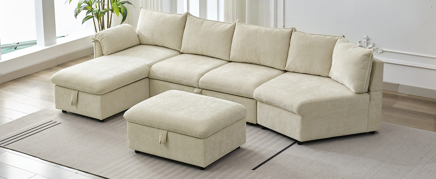 146.9" L Shaped Sofa Sectional Sofa Couch Pull Out Sofa Bed With A Movable Storage Ottoman, A Storage Chaise Lounge And Two Usb Ports For Living Room, Beige Beige Foam Linen 5 Seat