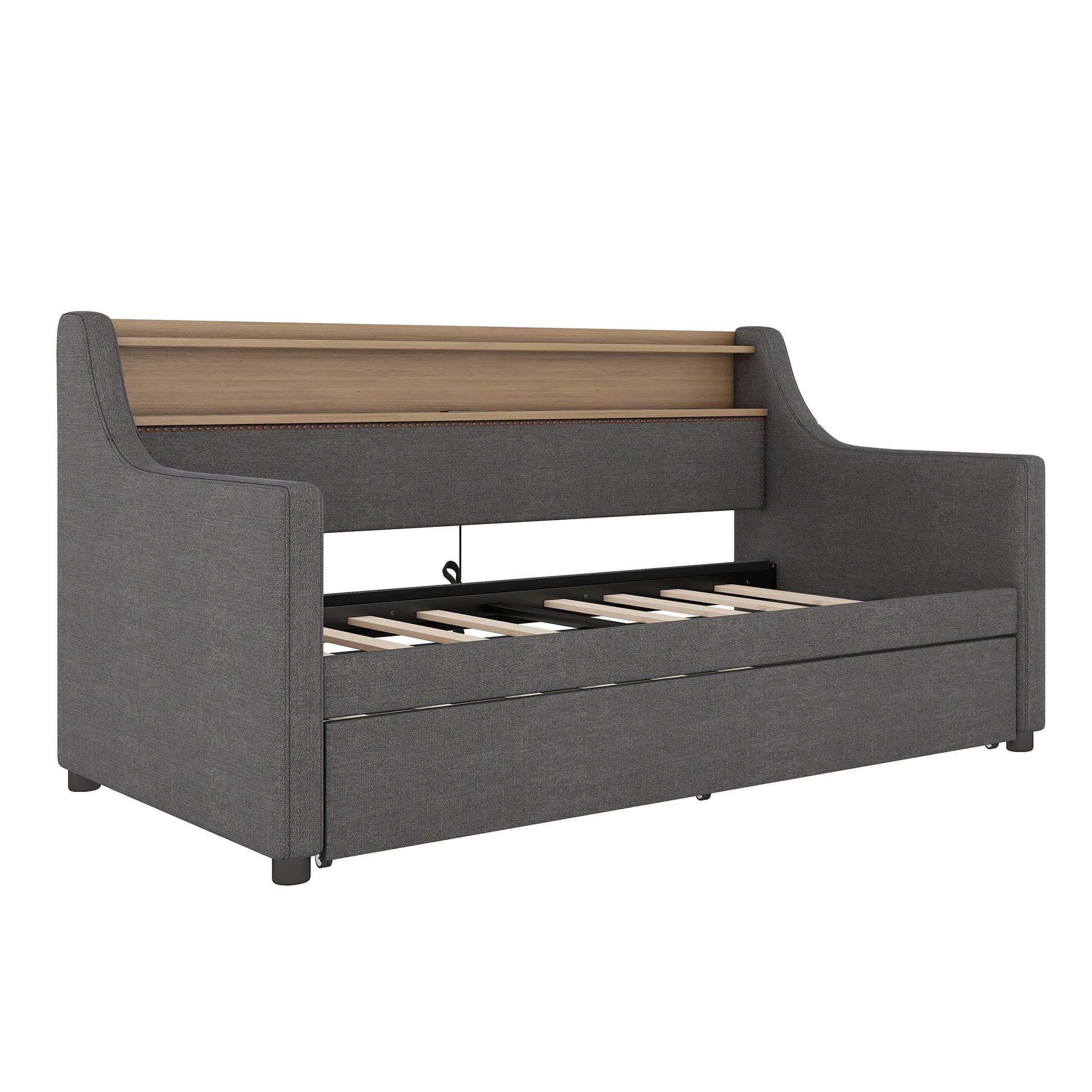 Twin Size Daybed With Trundle Bed, Upholstered Daybed With Charging Station And Led Lights, Gray Twin Gray Linen
