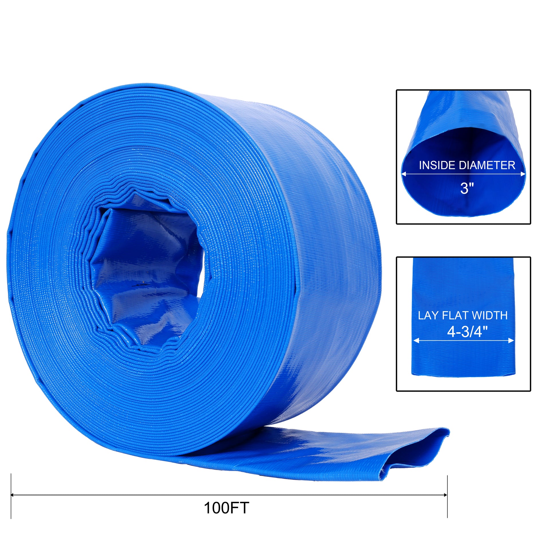 3"X100Ft Pool Backwash Hose, Blue Heavy Duty Reinforced Pvc Lay Flat Water Discharge Hose For Swimming Pool Filter Pump,With 2 Clamp Blue Pvc