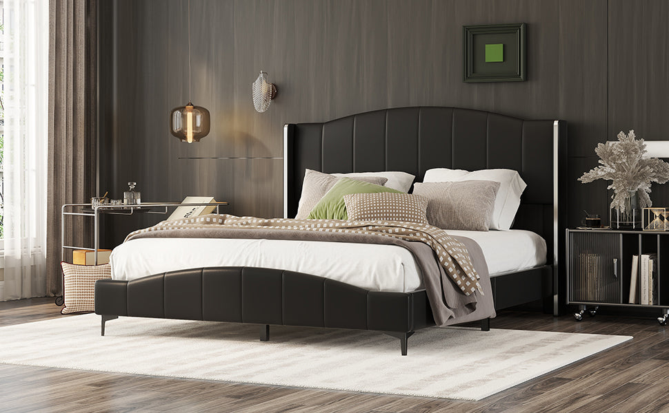 Queen Size Pu Leather Upholstered Platform Bed, Headboard With Wingback And Metal Bar Accents, No Box Spring Required, Black Queen Black Pu