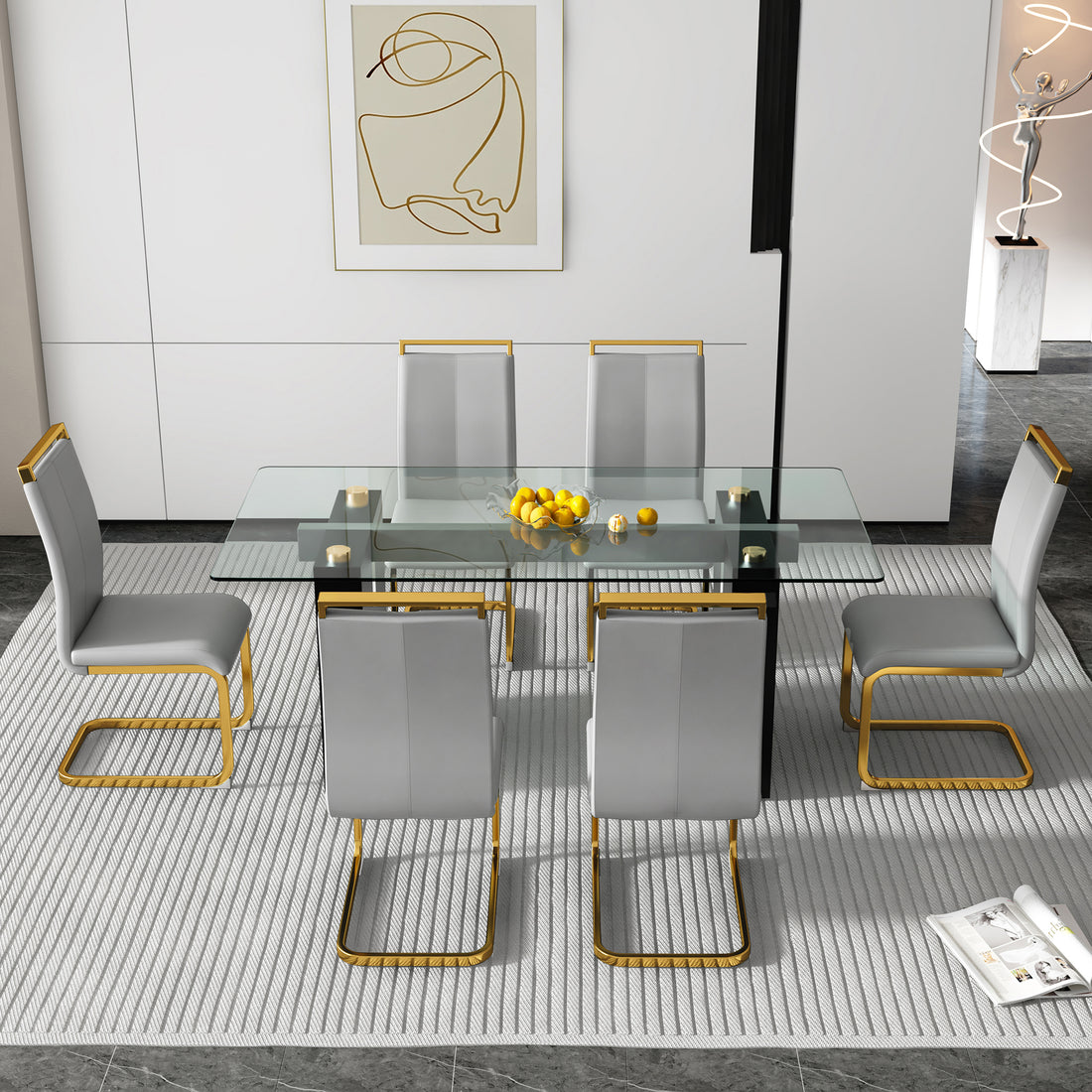 Table And Chair Set, Large Modern Minimalist Rectangular Glass Table, Can Accommodate 6 8 People, Equipped With Tempered Glass Tabletop And Large Mdf Table Legs, Comfortable And Minimalist Chairs. Transparent Glass