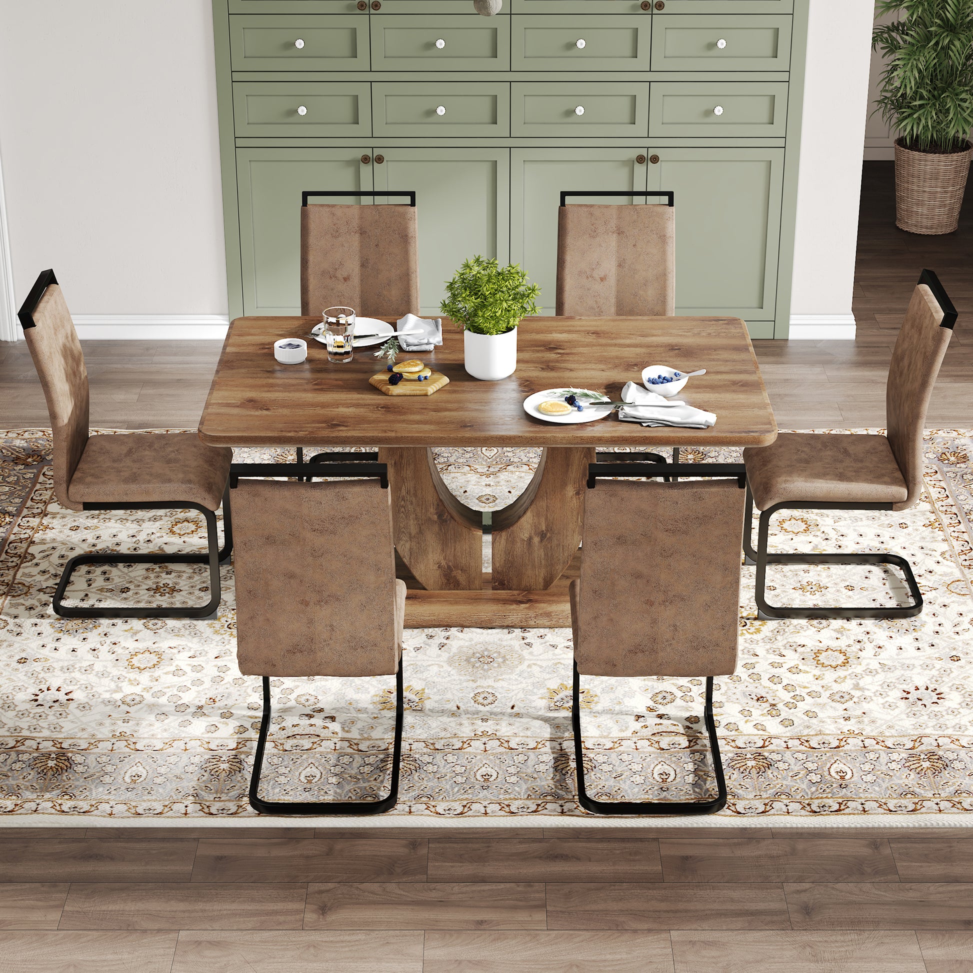 Table And Chair Set.Mdf Rectangular Dining Table, 6 Chairs With Technology Cloth High Back Upholstered Side Chair With C Shaped Metal Legs.Suitable For Restaurants, Living Rooms, Kitchen Brown Seats 6 Mdf Metal