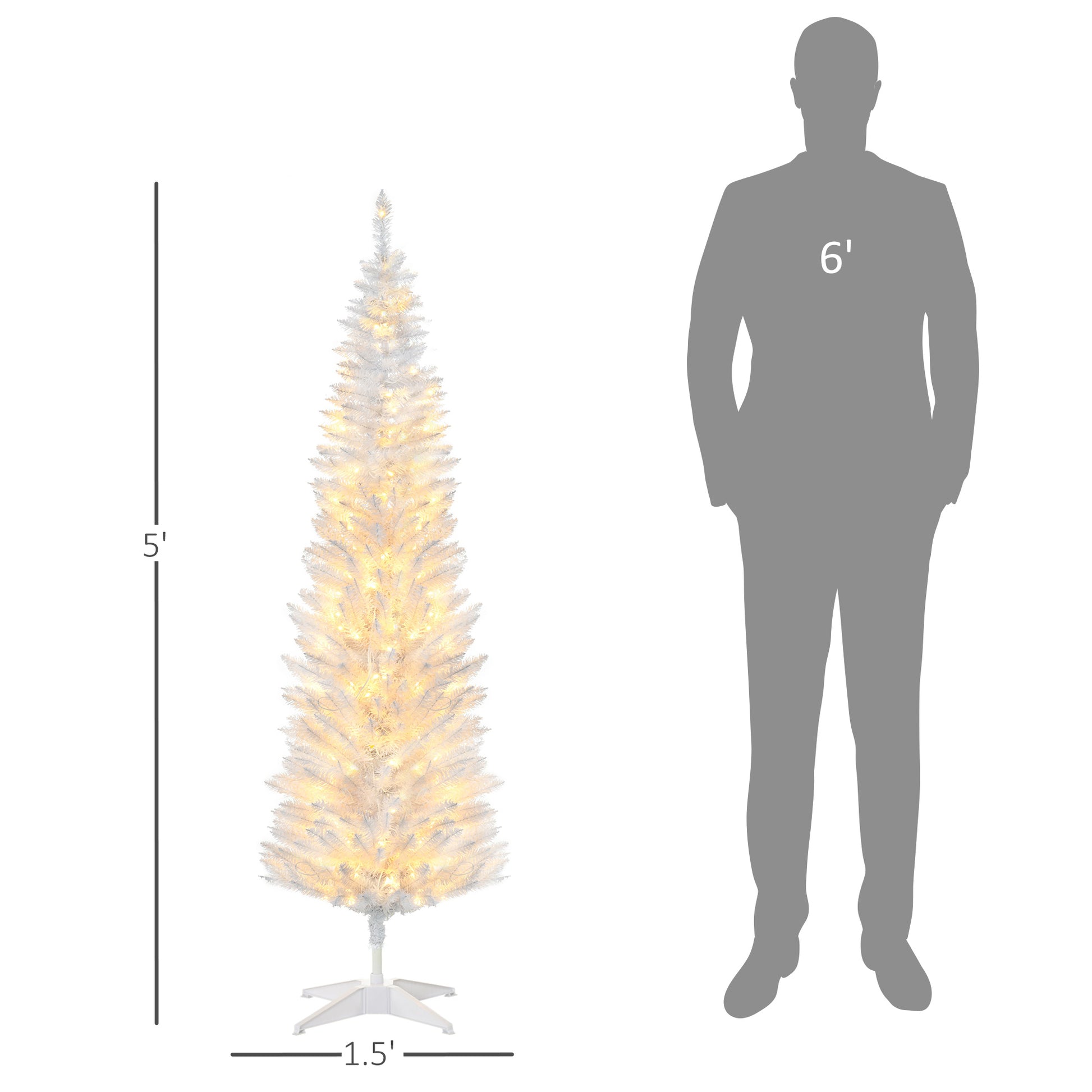 Homcom 5' Tall Pre Lit Slim Noble Fir Artificial Christmas Tree With 110 Warm White Led Lights And 294 Tips, For Christmas Decoration, White White Plastic