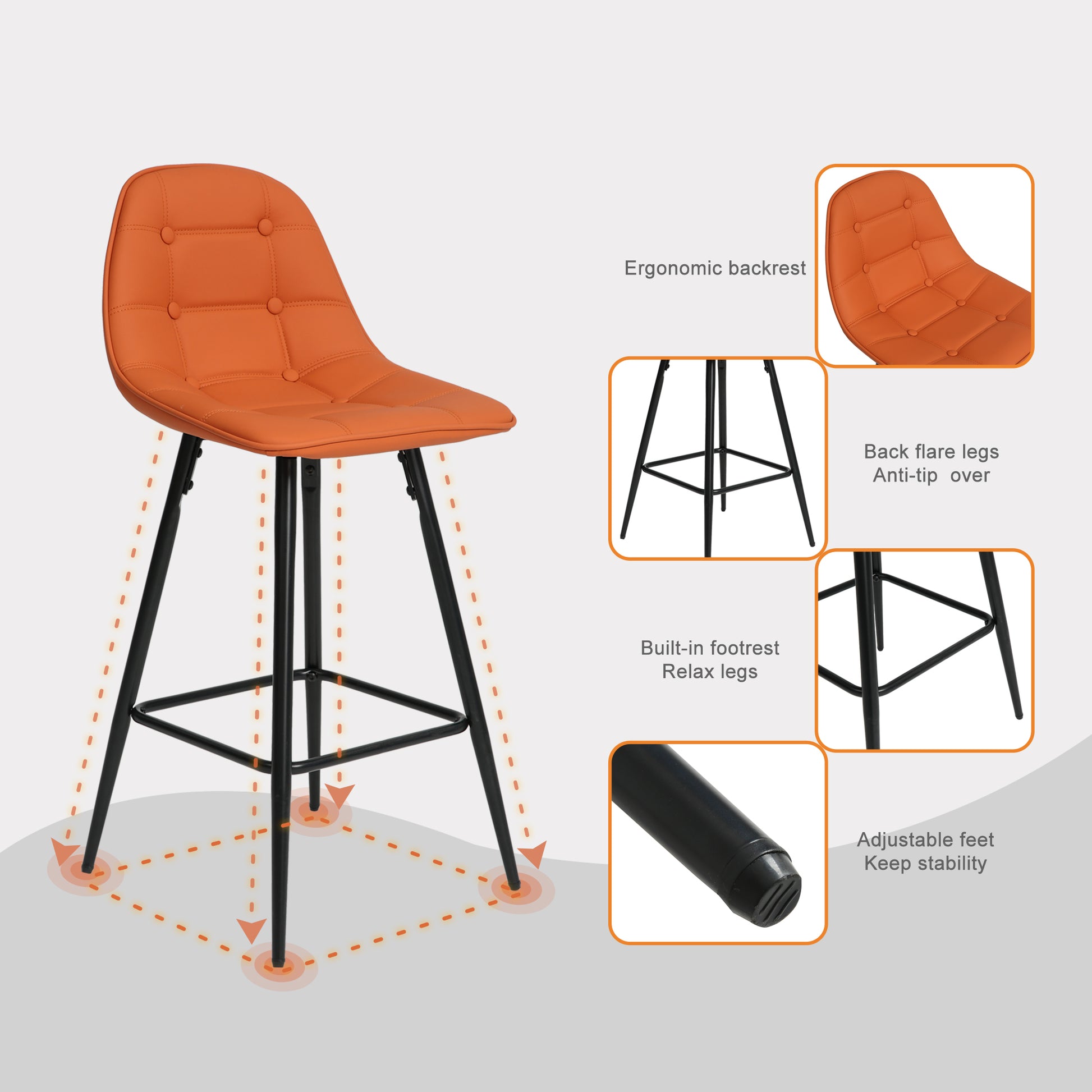 Counter Stools,Set Of 2 Bar Stools With Back And Footrest, Modern Metal Counter Height Barstools For Kitchen Home Bar,25.5" Armless Barstool Chairs Brown Leather