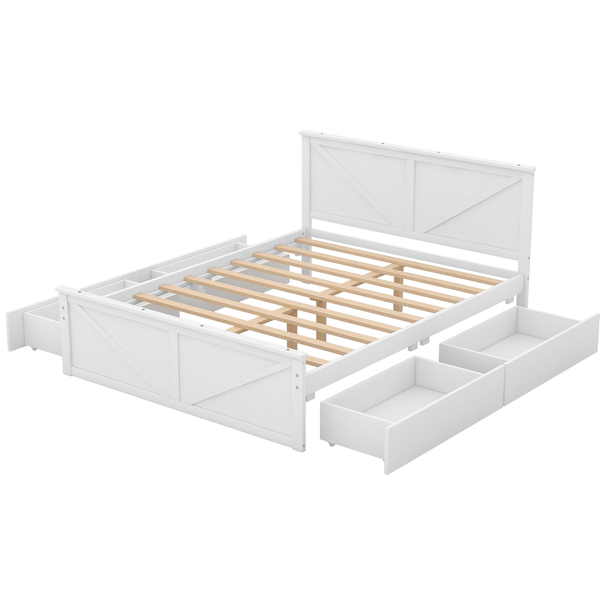 Queen Size Wooden Platform Bed With Four Storage Drawers And Support Legs, White Queen Antique White Pine