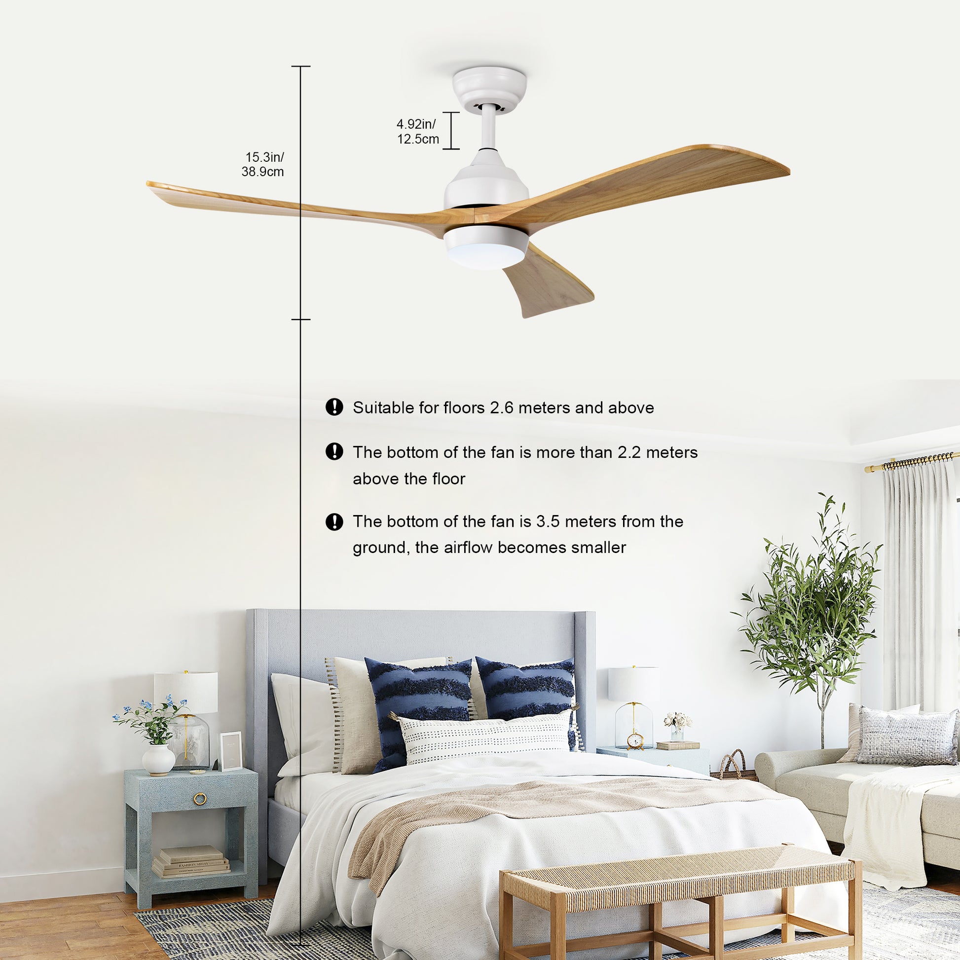 52" Ceiling Fan With Lights Remote Control,Quiet Dc Motor 3 Blade Ceiling Fans 6 Speed Levels,Reversible Ceiling Fan, For Patio Living Room, Bedroom, Office,Indoor. White Natural White Farmhouse,Industrial Iron Wood