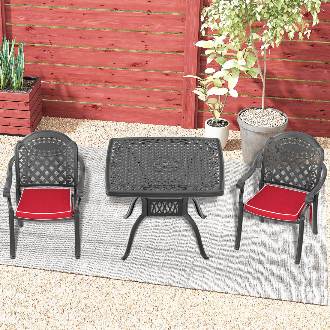 Cushions In Random Colors 3 Piece Set Of Cast Aluminum Patio Furniture With Cushions Yes Dining Set Black Seats 2 Rust Resistant Frame Water Resistant Cushion Garden & Outdoor Complete Patio Sets Aluminium