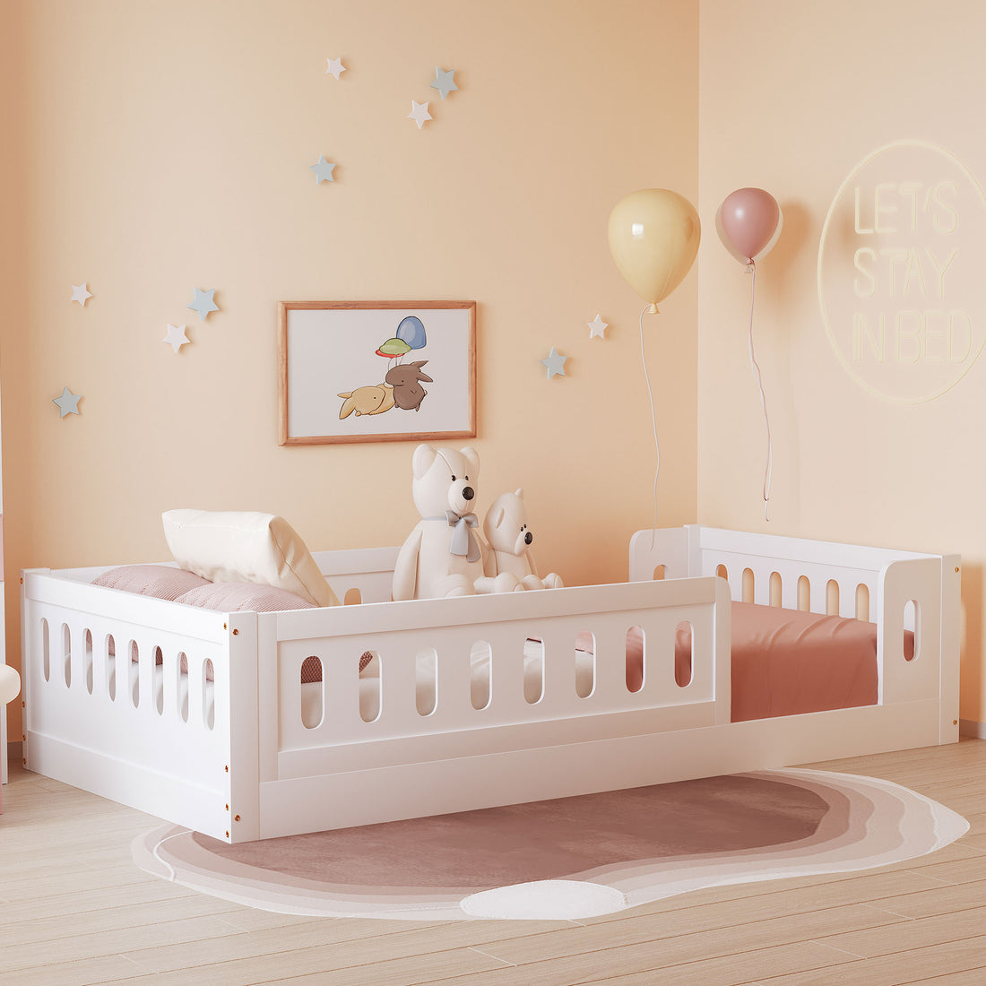 Wood Twin Size Platform Bed With Guardrail, White Box Spring Not Required Twin White Wood Bed Frame Solid Wood Mdf