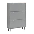 Narrow Design Shoe Cabinet With 3 Flip Drawers, Wood Grain Pattern Top Entryway Organizer With 3 Hooks, Free Standing Shoe Rack With Adjustable Panel For Hallway, Grey Freestanding 3 4 Drawers Grey Primary Living Space Shelves Included Particle Board