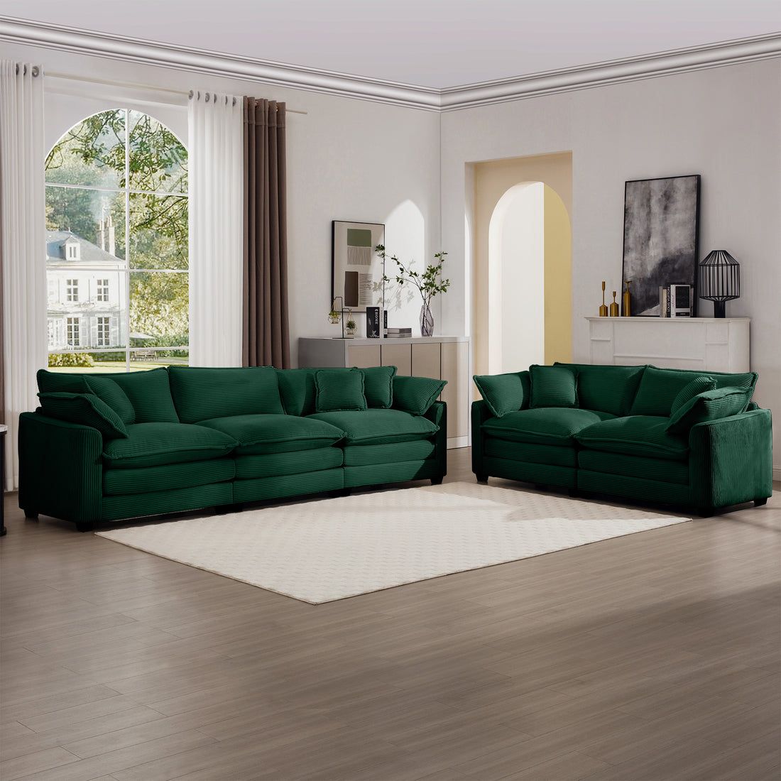 Modern Fabric Living Room Sofa Two Piece Set, Two 2 Seater Sofas With 8 Cushion Upholstery Large Deep Seat Recliner, Green Corduroy Fabric Green Corduroy 5 Seat