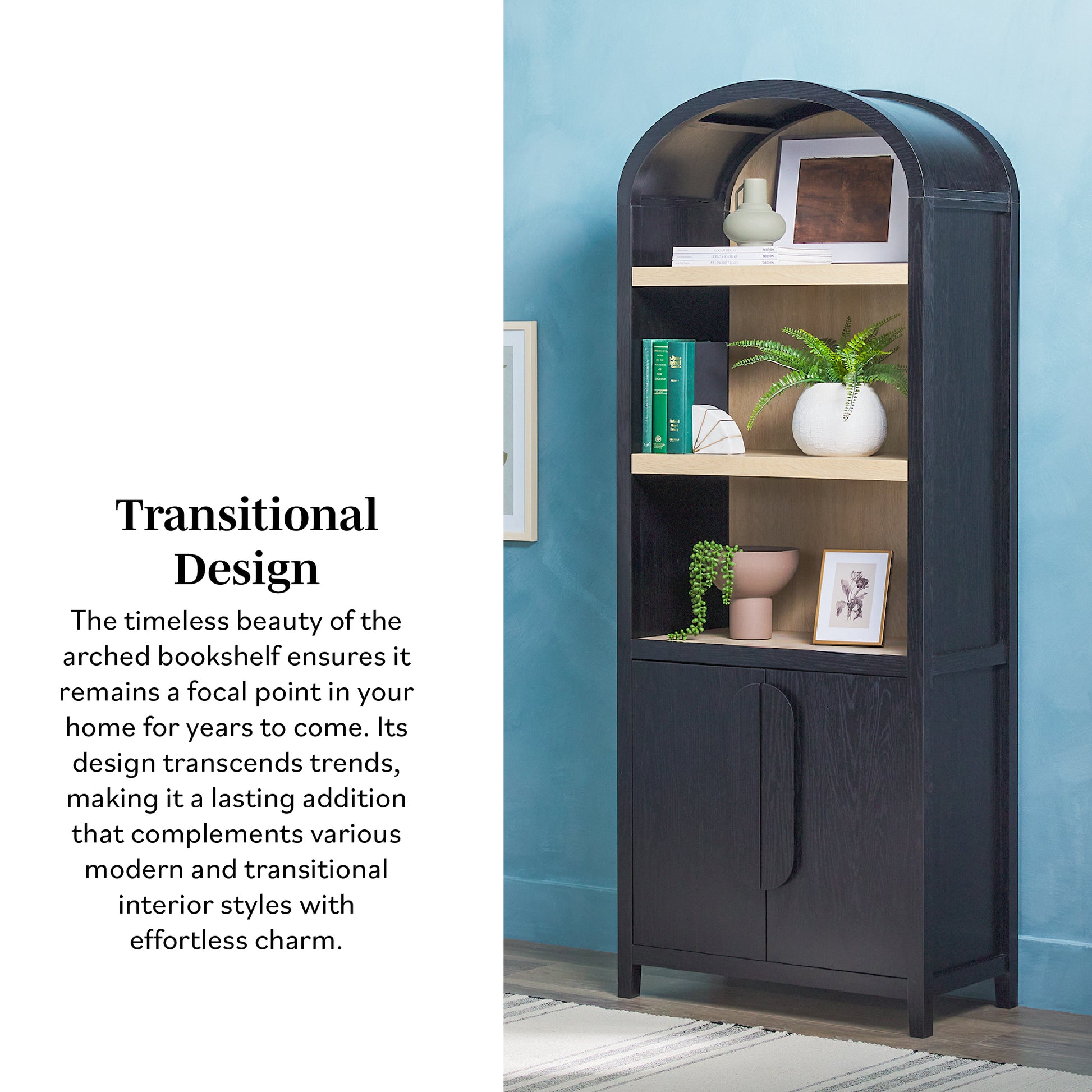 Modern 3 Shelf Open Arched Bookcase Cabinet Black Black Mdf Mdf