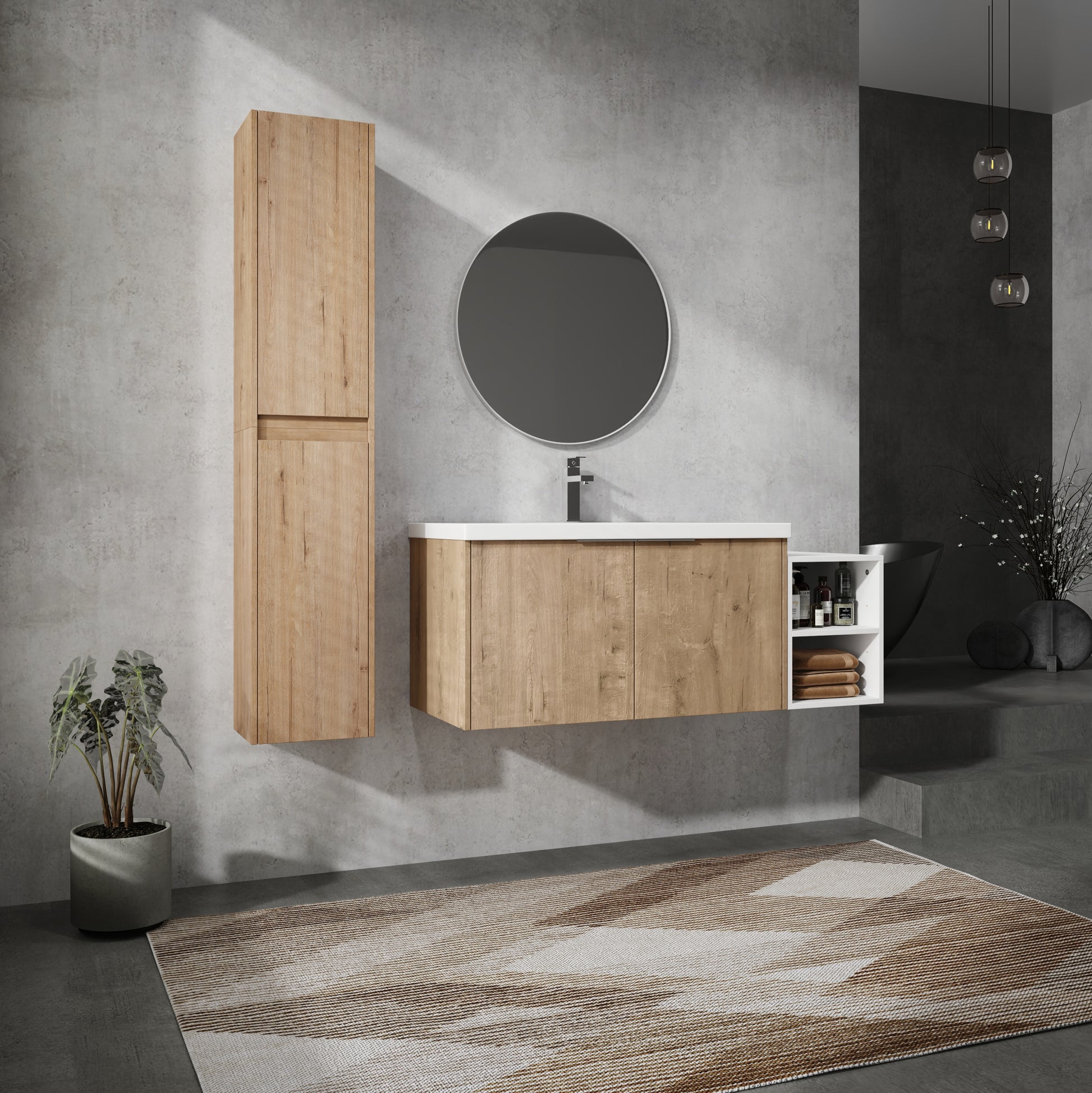 48" Wall Mounted Bathroom Vanity With Sink And Side Cabinet, Soft Close Doors,00112Imox2 0636Imo 0612Gwh Combination Cabinet Kd Packing Imitative Oak Bathroom Modern Plywood Plywood